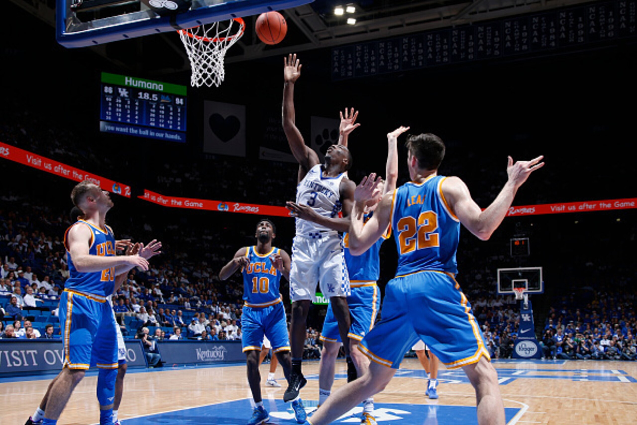 LEXINGTON, KY - DECEMBER 03: Bam Adebayo #3 of the Kentucky Wildcats goes to the basket against the UCLA Bruins during the game at Rupp Arena on December 3, 2016 in Lexington, Kentucky. UCLA defeated Kentucky 97-92. (Photo by Joe Robbins/Getty Images)