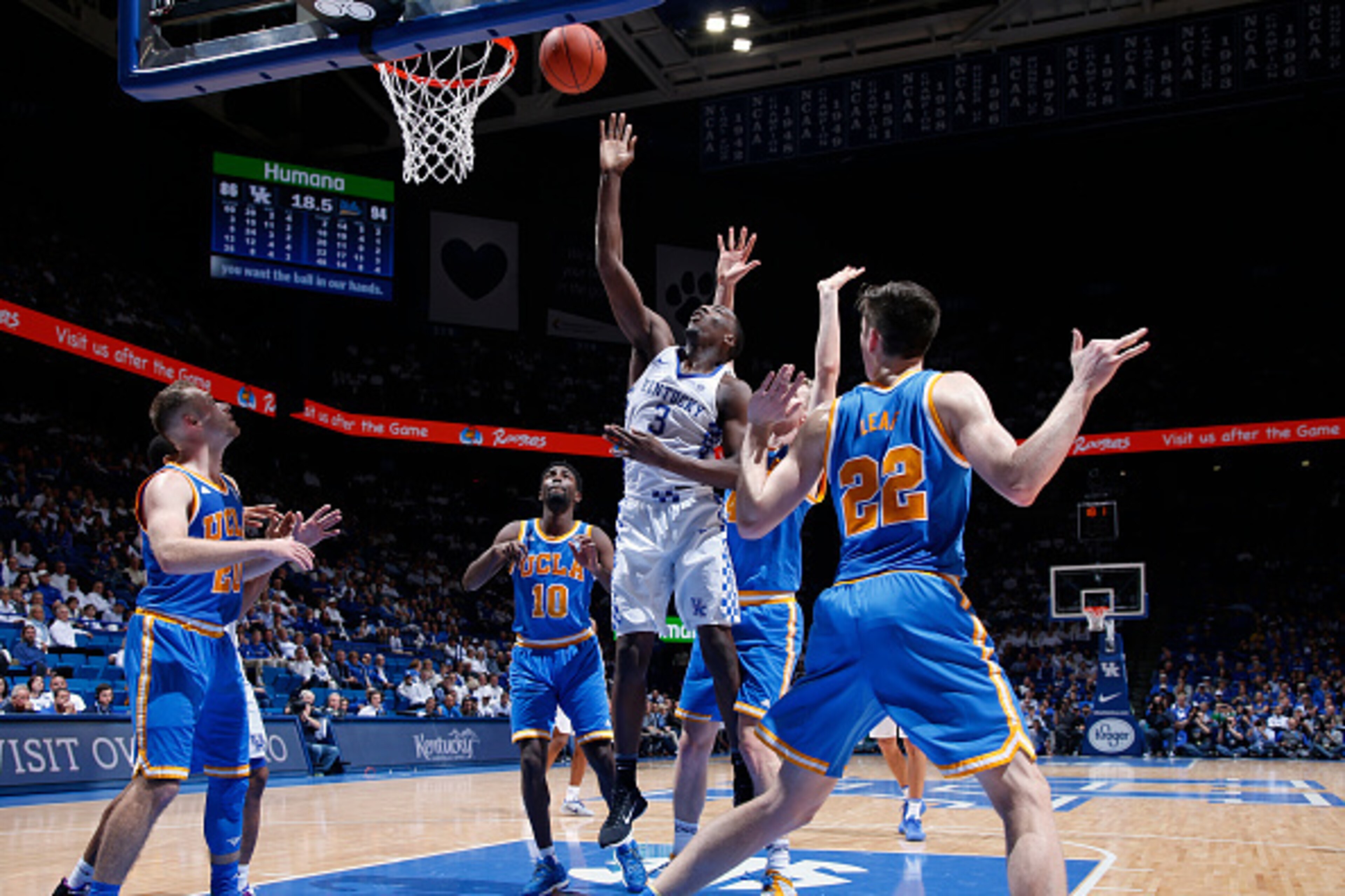 LEXINGTON, KY - DECEMBER 03: Bam Adebayo #3 of the Kentucky Wildcats goes to the basket against the UCLA Bruins during the game at Rupp Arena on December 3, 2016 in Lexington, Kentucky. UCLA defeated Kentucky 97-92. (Photo by Joe Robbins/Getty Images)