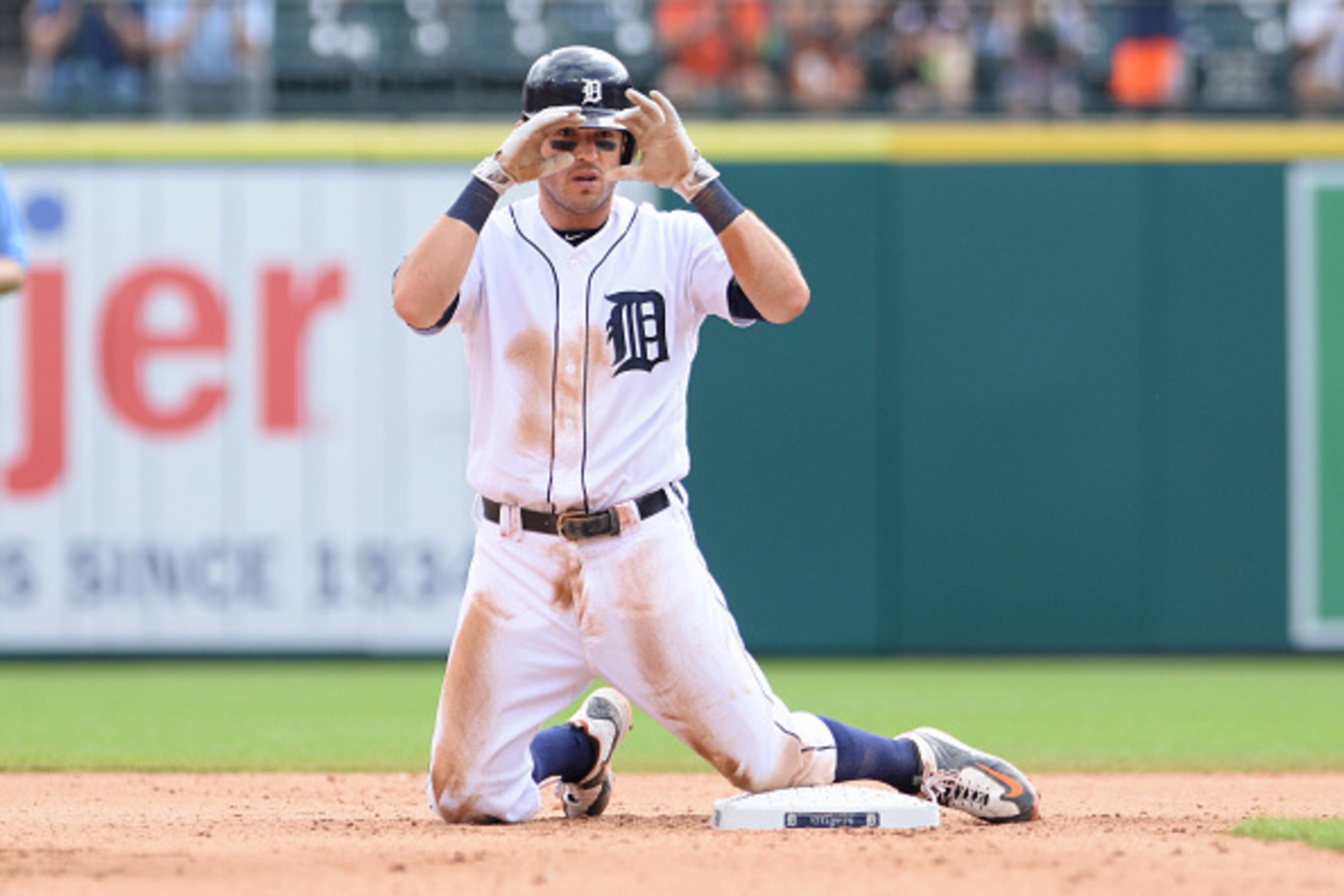 DETROIT, MI - AUGUST 31:  Ian Kinsler #3 of the Detroit Tigers reacts after sliding safely into second base during the game against the Chicago White Sox at Comerica Park on August 31, 2016 in Detroit, Michigan. The Tigers defeated the White Sox 3-2.  (Ph