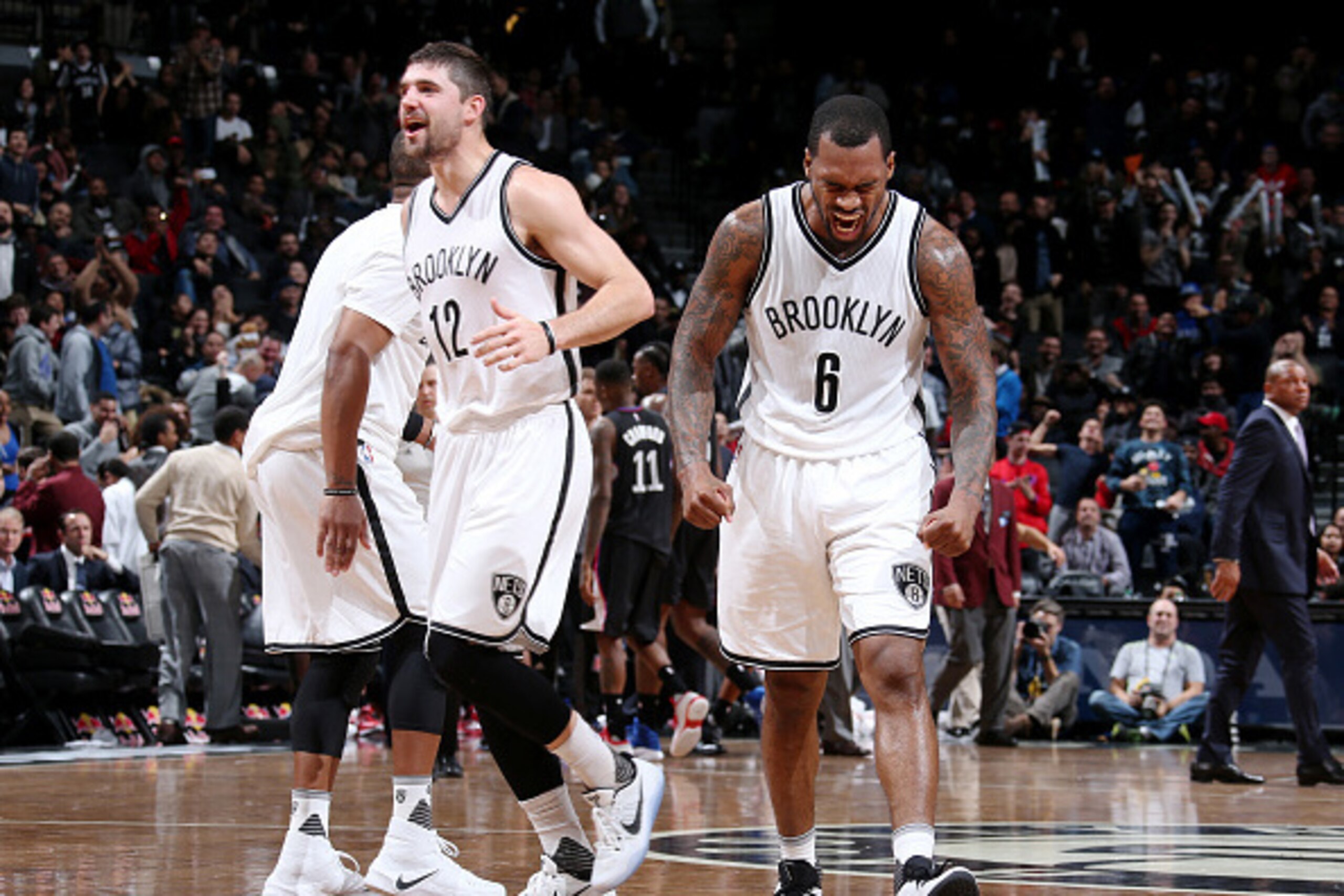 BROOKLYN, NY - NOVEMBER 29:  Joe Harris #12 and Sean Kilpatrick #6 of the Brooklyn Nets react during the game against the LA Clippers on November 29, 2016 at Barclays Center in Brooklyn, NY. NOTE TO USER: User expressly acknowledges and agrees that, by do