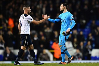 LONDON, ENGLAND - DECEMBER 14:  Toby Alderweireld (L) and Hugo Lloris (R) of Tottenham Hotspur celebrate their win after the Premier League match between Tottenham Hotspur and Hull City at White Hart Lane on December 14, 2016 in London, England.  (Photo b