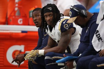 GLENDALE, AZ - OCTOBER 02:  Running back Todd Gurley #30 of the Los Angeles Rams on the bench during the NFL game against the Arizona Cardinals at the University of Phoenix Stadium on October 2, 2016 in Glendale, Arizona.  (Photo by Christian Petersen/Get