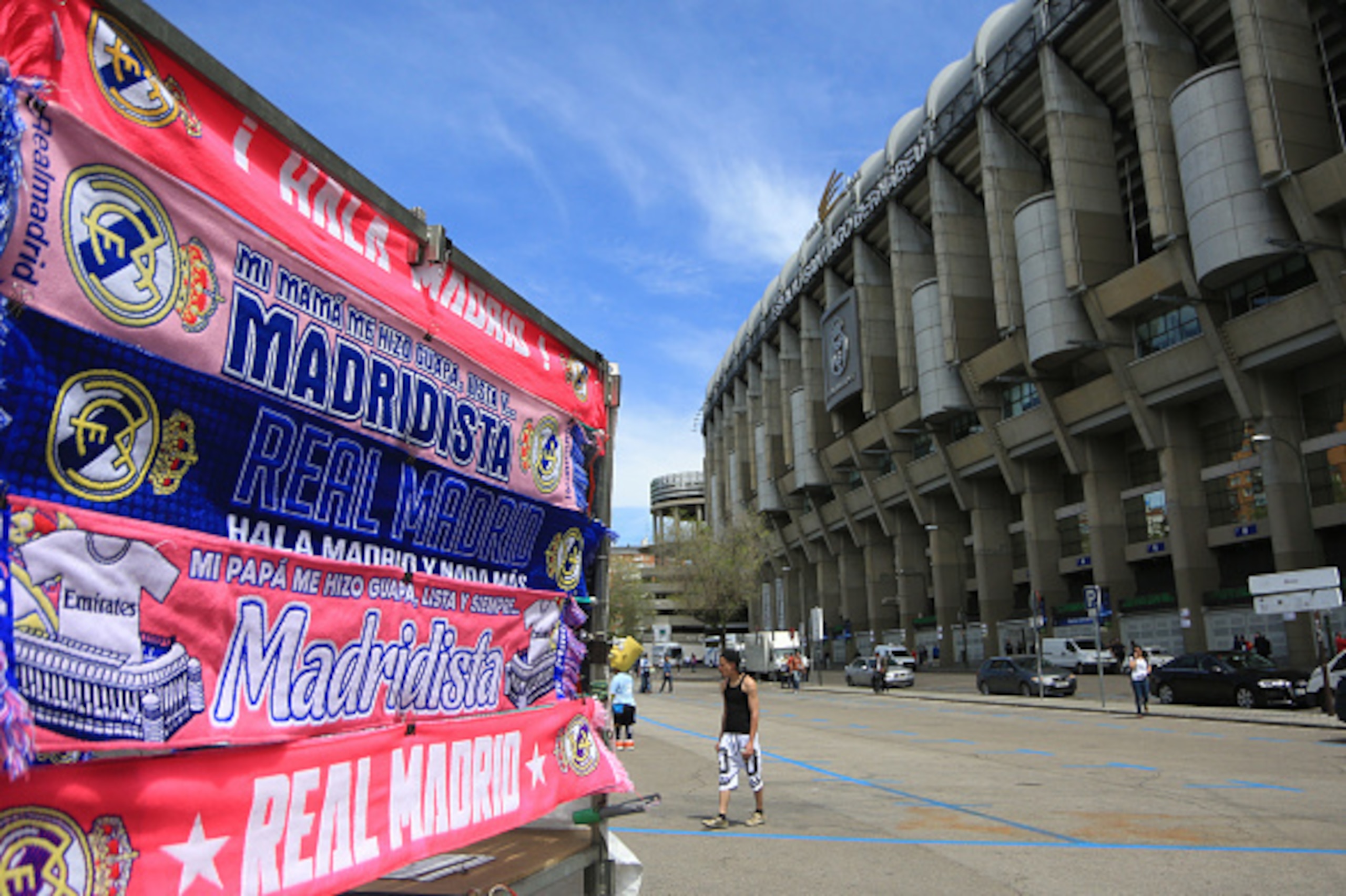 MADRID, SPAIN - MAY 04:  Real Madrid scarves for sale outside the stadium ahead of the UEFA Champions League Semi Final second leg match between Real Madrid and Manchester City FC at Estadio Santiago Bernabeu on May 4, 2016 in Madrid, Spain.  (Photo by Ca