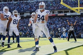 NASHVILLE, TN - OCTOBER 23:  Jack Doyle #84 of the Indianapolis Colts celebrates after scoring the game winning touchdown against the Tennessee Titans during the second half at Nissan Stadium on October 23, 2016 in Nashville, Tennessee.  (Photo by Frederi