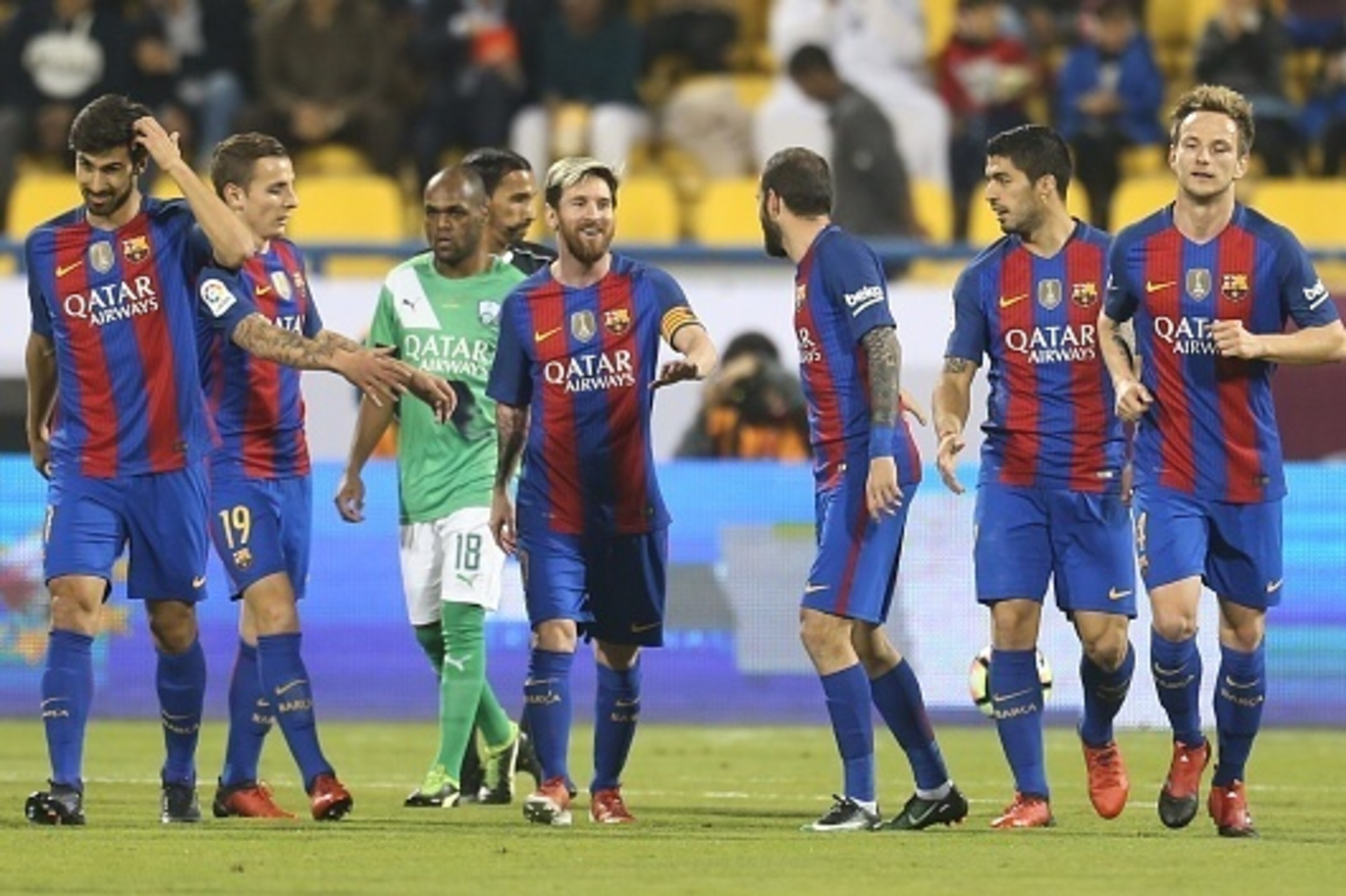 DOHA, QATAR - DECEMBER 13: Lionel Messi of Barcelona celebrates scoring a goal  against Al-Ahli Saudi FC during the Qatar Airways Cup match between FC Barcelona and Al-Ahli Saudi FC on December 13, 2016 in Doha, Qatar. (Photo by AK BijuRaj/Getty Images)