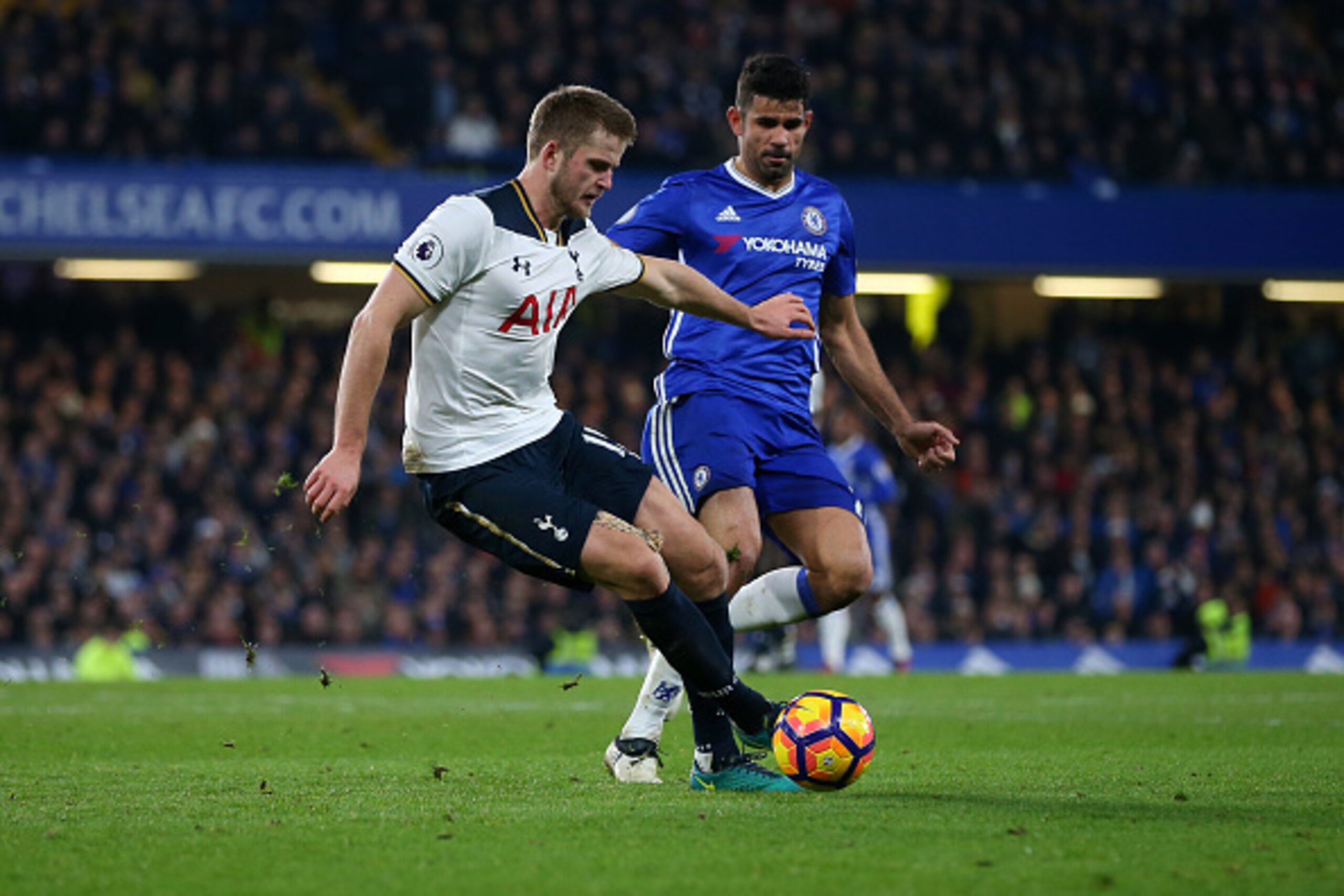 LONDON, ENGLAND - NOVEMBER 26: Eric Dier of Tottenham Hotspur and Diego Costa of Chelsea during the Premier League match between Chelsea and Tottenham Hotspur at Stamford Bridge on November 26, 2016 in London, England. (Photo by Catherine Ivill - AMA/Gett