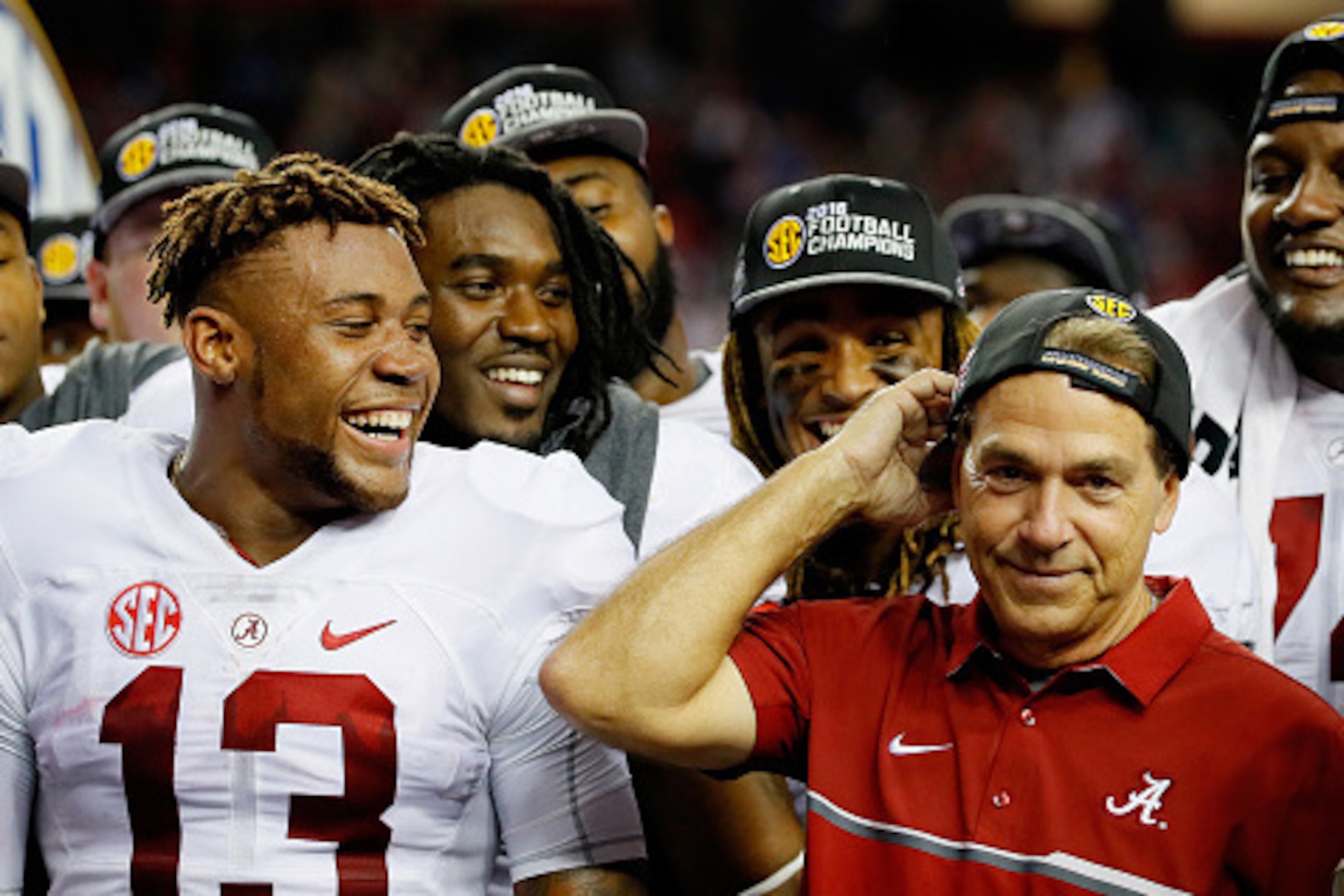ATLANTA, GA - DECEMBER 03:  Head coach Nick Saban and ArDarius Stewart #13 of the Alabama Crimson Tide celebrate their 54 to 16 win over the Florida Gators during the SEC Championship game at the Georgia Dome on December 3, 2016 in Atlanta, Georgia.  (Pho