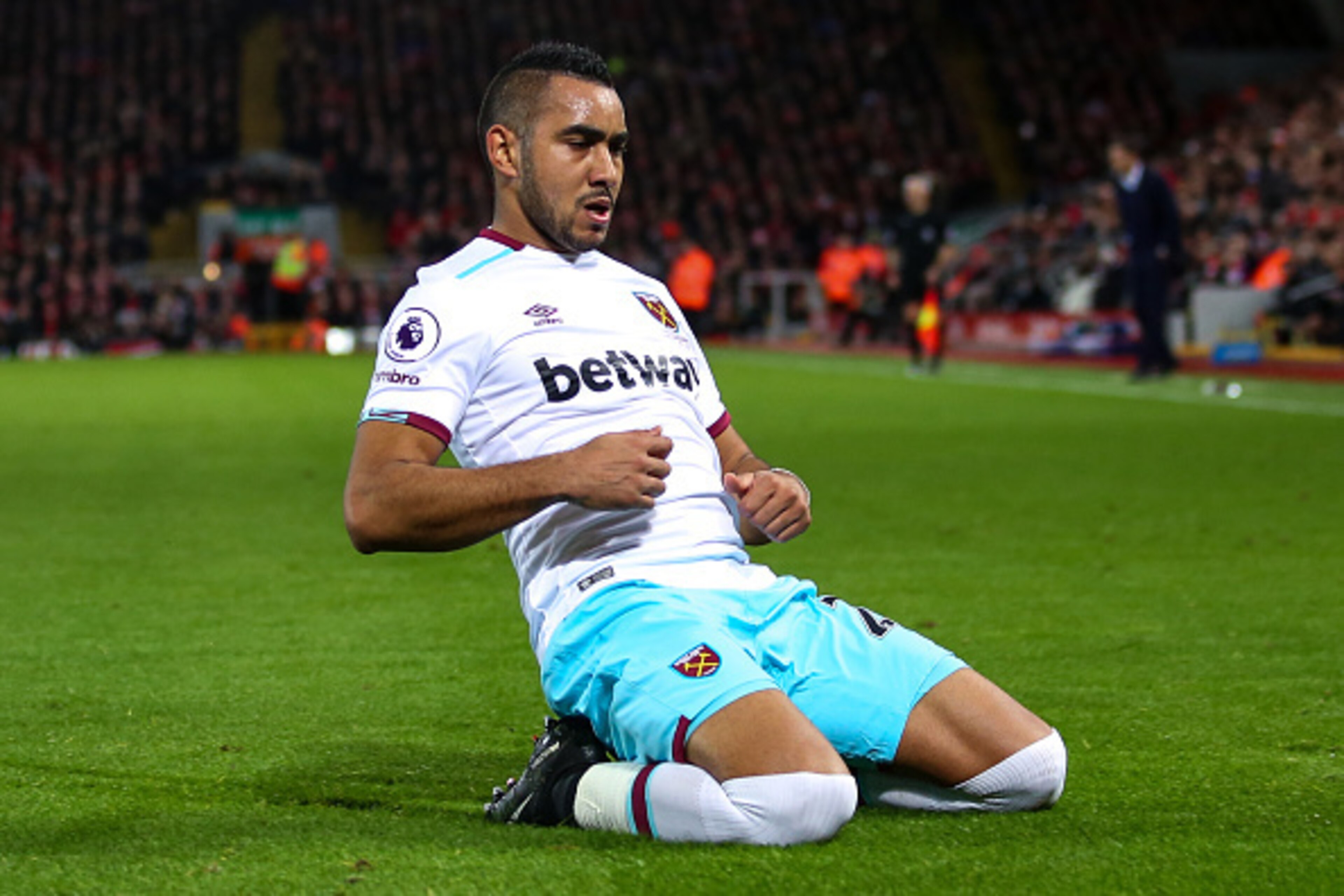 LIVERPOOL, ENGLAND - DECEMBER 11: Dimitri Payet of West Ham United celebrates after scoring a goal to make it 1-1 during the Premier League match between Liverpool and West Ham United at Anfield on December 11, 2016 in Liverpool, England. (Photo by Robbie