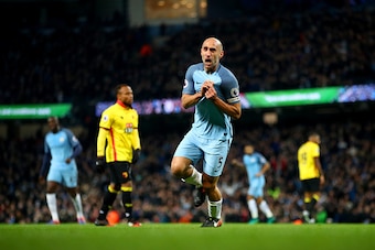MANCHESTER, ENGLAND - DECEMBER 14: Pablo Zabaleta of Manchester City celebrates scoring the opening goal during the Premier League match between Manchester City and Watford at Etihad Stadium on December 14, 2016 in Manchester, England.  (Photo by Clive Br