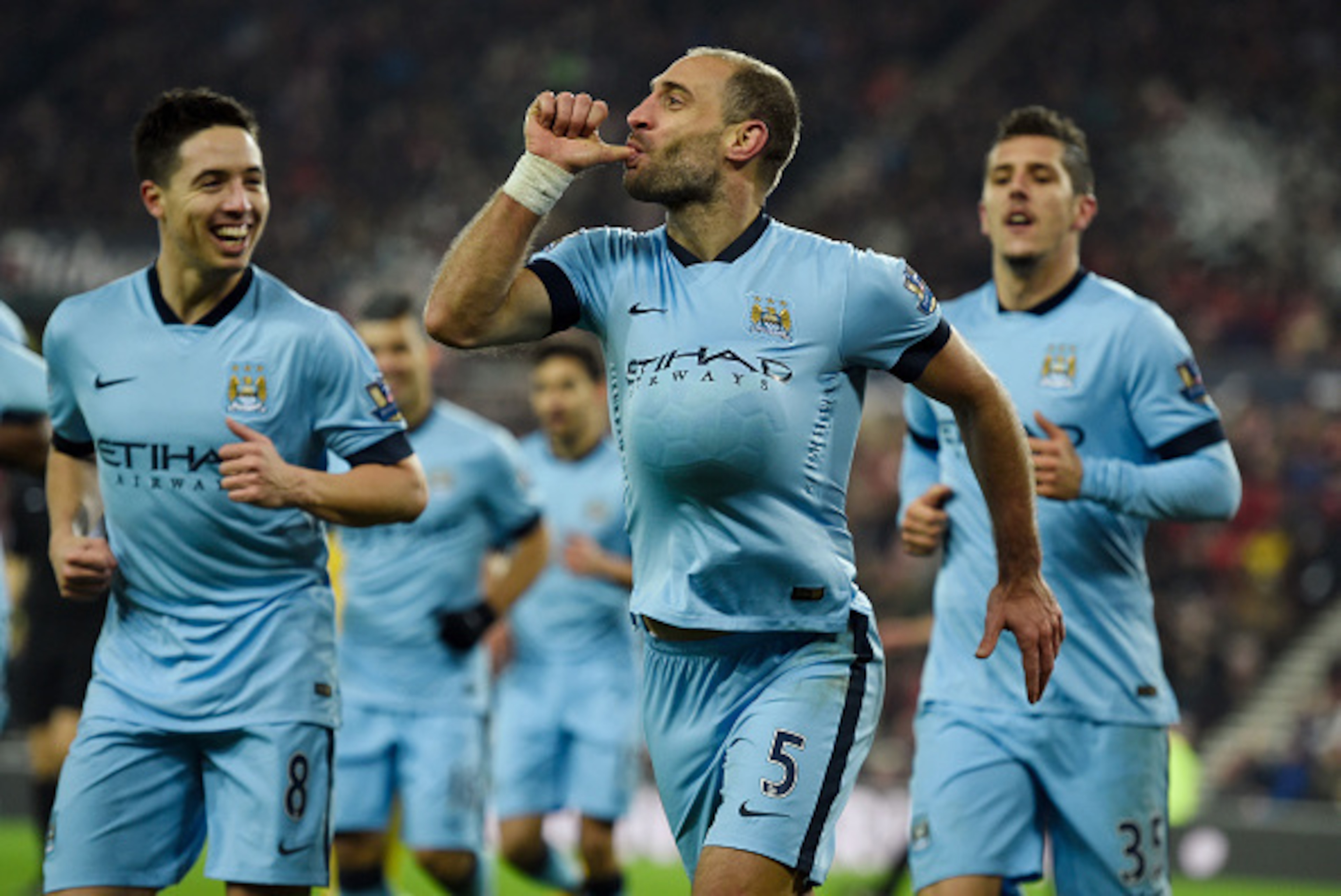 SUNDERLAND, ENGLAND - DECEMBER 03: Pablo Zabaleta of Manchester City celebrates after scoring his team's third goal during the Barclays Premier League match between Sunderland and Manchester City at The Stadium of Light on December 3, 2014 in Sunderland, SUNDERLAND, ENGLAND - DECEMBER 03: Pablo Zabaleta of Manchester City celebrates after scoring his team's third goal during the Barclays Premier League match between Sunderland and Manchester City at The Stadium of Light on December 3, 2014 in Sunderland,