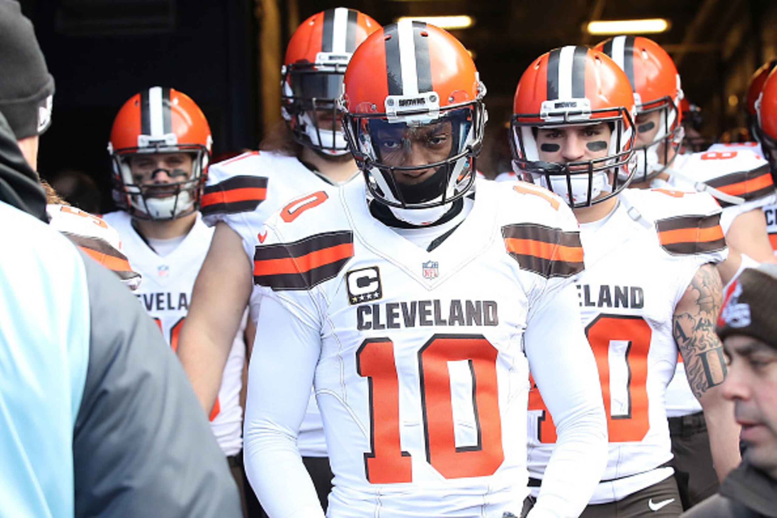 ORCHARD PARK, NY - DECEMBER 18:   Robert Griffin III #10 of the Cleveland Browns leads his team onto the field before the game against the Buffalo Bills at New Era Field on December 18, 2016 in Orchard Park, New York.  (Photo by Tom Szczerbowski/Getty Ima