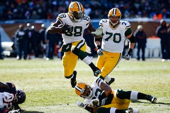 CHICAGO, IL - DECEMBER 18:  Ty Montgomery #88 of the Green Bay Packers jumps over teammate  Richard Rodgers #82 in the second quarter against the Chicago Bears at Soldier Field on December 18, 2016 in Chicago, Illinois.  (Photo by Joe Robbins/Getty Images