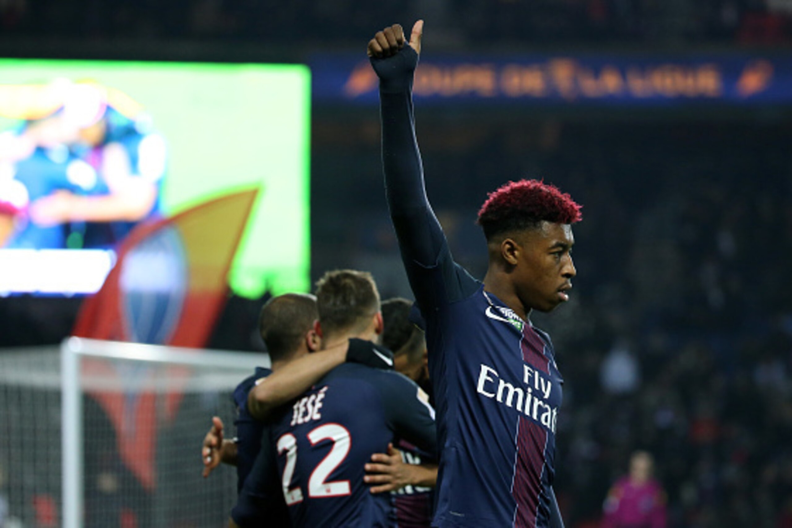 PARIS, FRANCE - DECEMBER 14: Presnel Kimpembe of PSG celebrates the goal of Jese Rodriguez during the French League Cup (Coupe de la Ligue) match between Paris Saint-Germain (PSG) and Lille OSC at Parc des Princes stadium on December 14, 2016 in Paris, Fr PARIS, FRANCE - DECEMBER 14: Presnel Kimpembe of PSG celebrates the goal of Jese Rodriguez during the French League Cup (Coupe de la Ligue) match between Paris Saint-Germain (PSG) and Lille OSC at Parc des Princes stadium on December 14, 2016 in Paris, Fr
