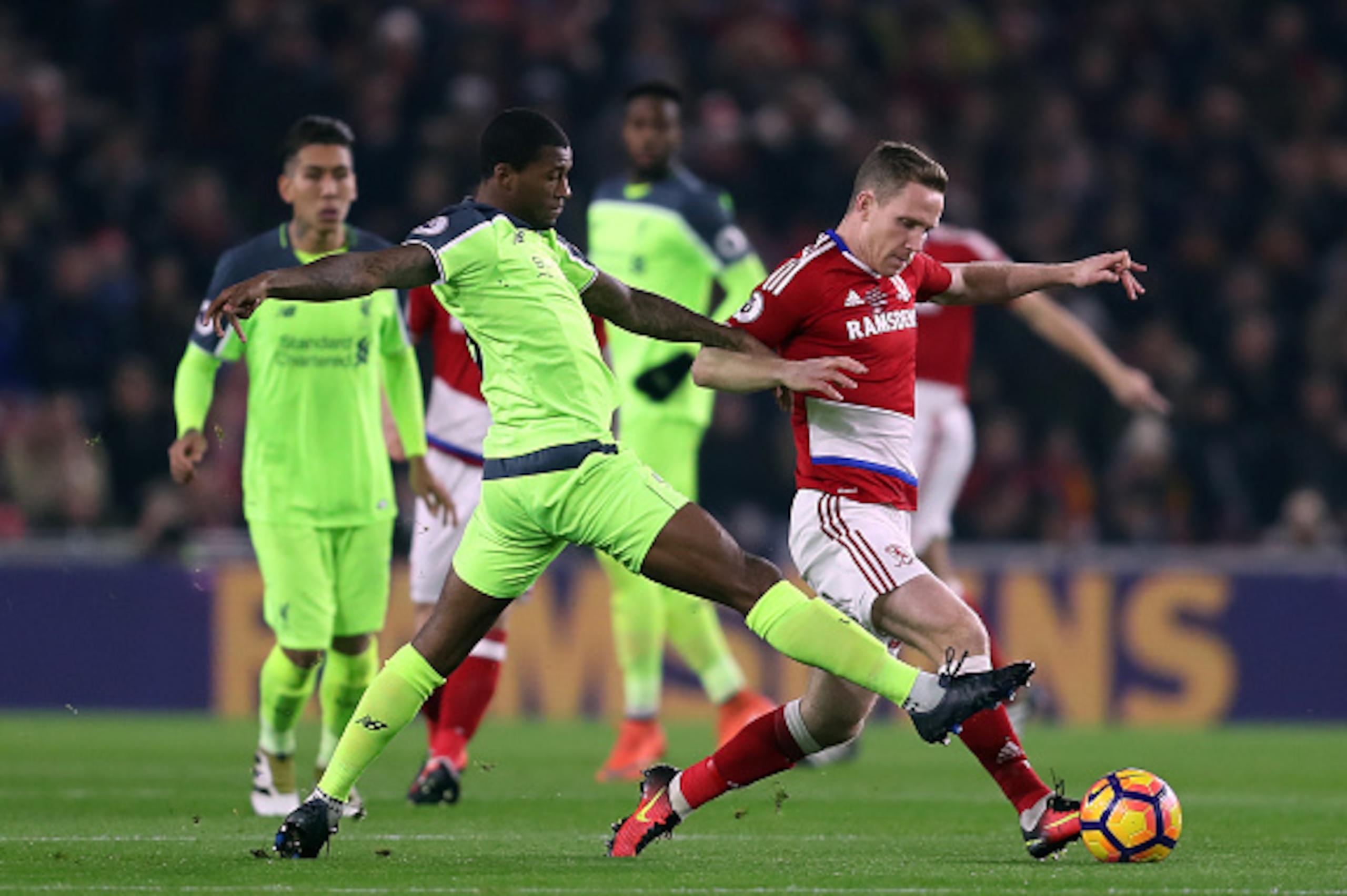 MIDDLESBROUGH, ENGLAND - DECEMBER 14: Adam Forshaw of Middlesbrough in action with Giorgio Wijnaldum of Liverpool during the Barclays Premier League match between Middlesbrough and Liverpool at the Riverside Stadium on December 14, 2016 in Middlesbrough, MIDDLESBROUGH, ENGLAND - DECEMBER 14: Adam Forshaw of Middlesbrough in action with Giorgio Wijnaldum of Liverpool during the Barclays Premier League match between Middlesbrough and Liverpool at the Riverside Stadium on December 14, 2016 in Middlesbrough,