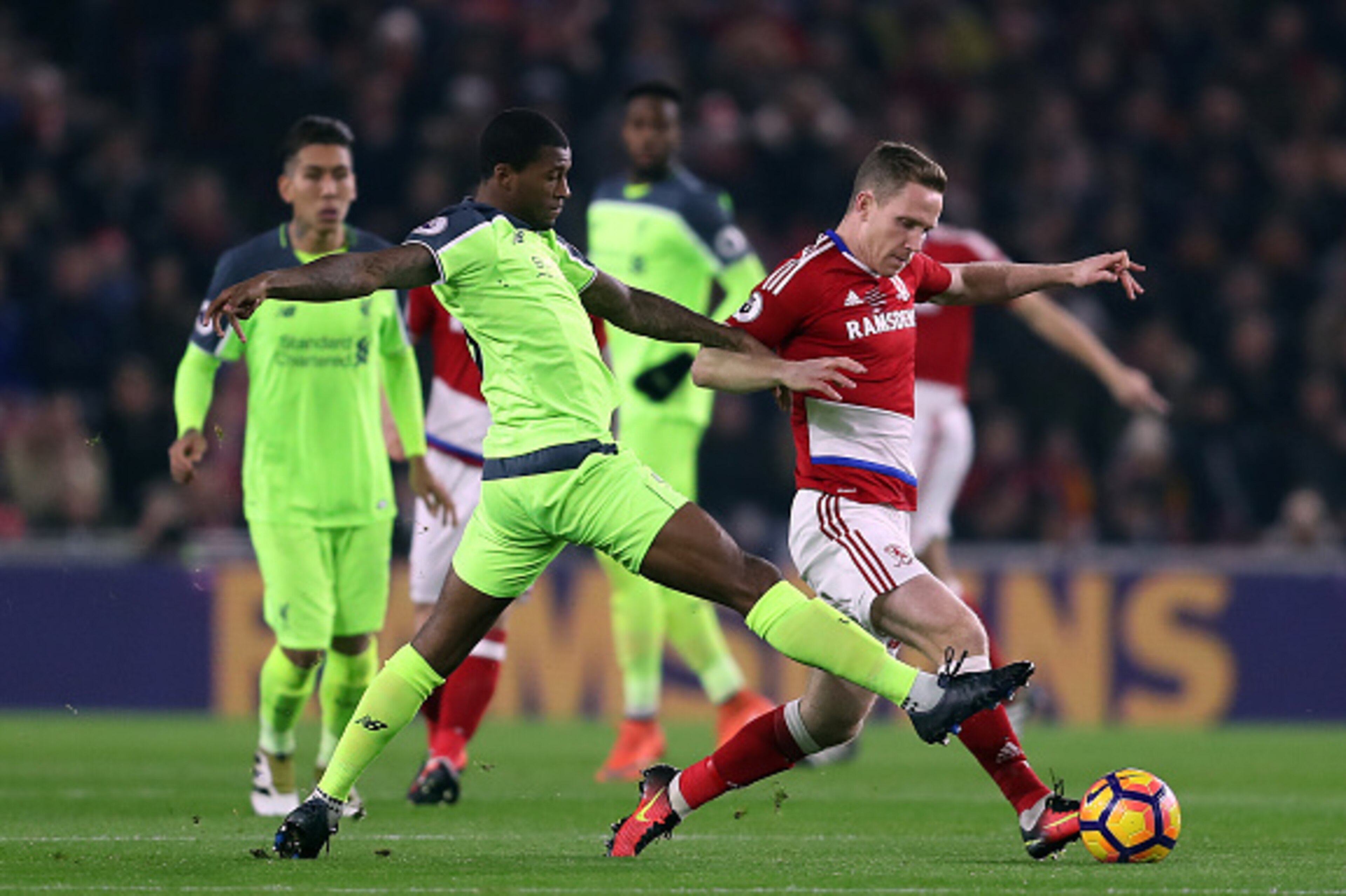 MIDDLESBROUGH, ENGLAND - DECEMBER 14: Adam Forshaw of Middlesbrough in action with Giorgio Wijnaldum of Liverpool during the Barclays Premier League match between Middlesbrough and Liverpool at the Riverside Stadium on December 14, 2016 in Middlesbrough, MIDDLESBROUGH, ENGLAND - DECEMBER 14: Adam Forshaw of Middlesbrough in action with Giorgio Wijnaldum of Liverpool during the Barclays Premier League match between Middlesbrough and Liverpool at the Riverside Stadium on December 14, 2016 in Middlesbrough,