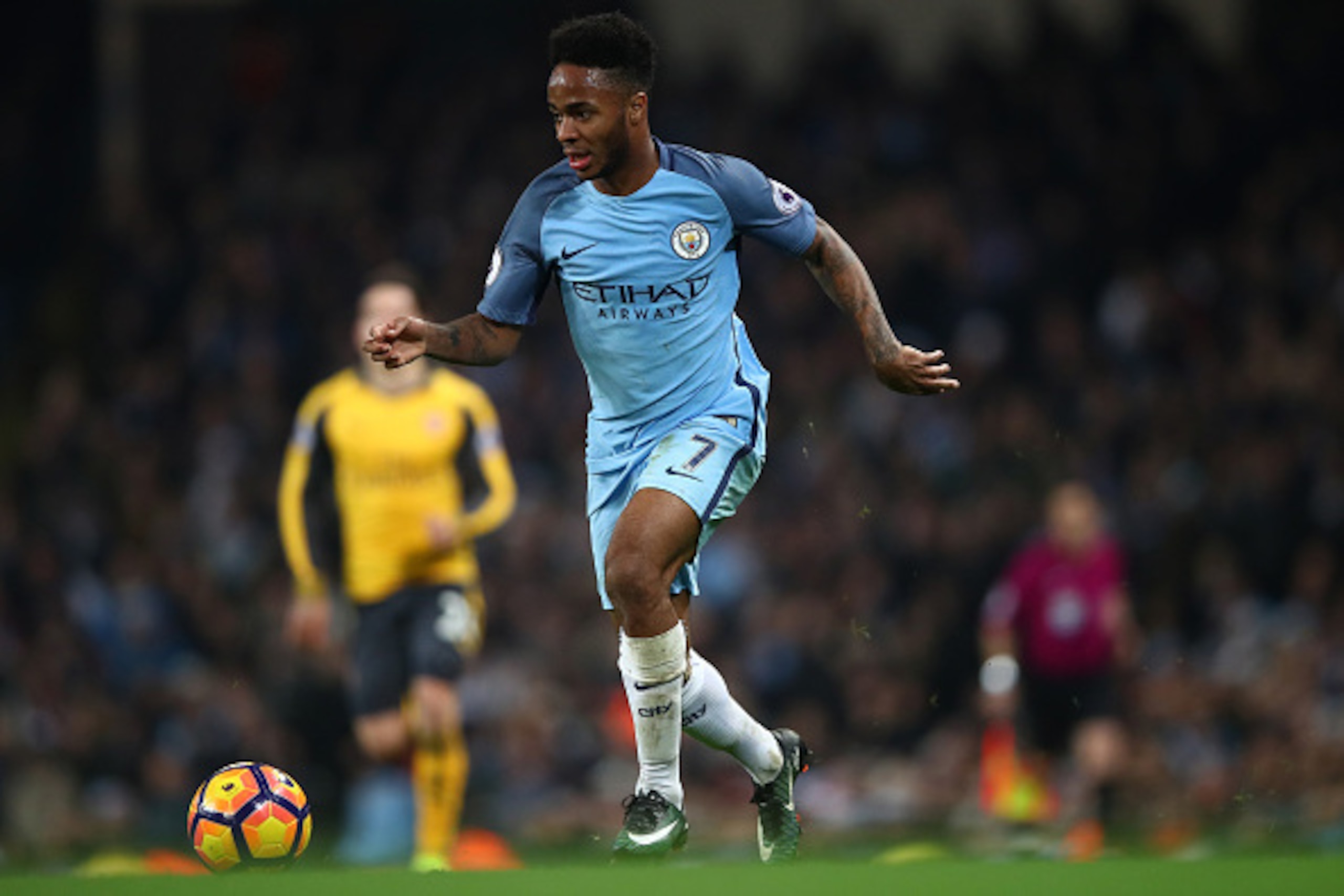 MANCHESTER, ENGLAND - DECEMBER 18: Raheem Sterling of Manchester City in action during the Premier League match between Manchester City and Arsenal at the Etihad Stadium on December 18, 2016 in Manchester, England. (Photo by Clive Brunskill/Getty Images) MANCHESTER, ENGLAND - DECEMBER 18: Raheem Sterling of Manchester City in action during the Premier League match between Manchester City and Arsenal at the Etihad Stadium on December 18, 2016 in Manchester, England. (Photo by Clive Brunskill/Getty Images)