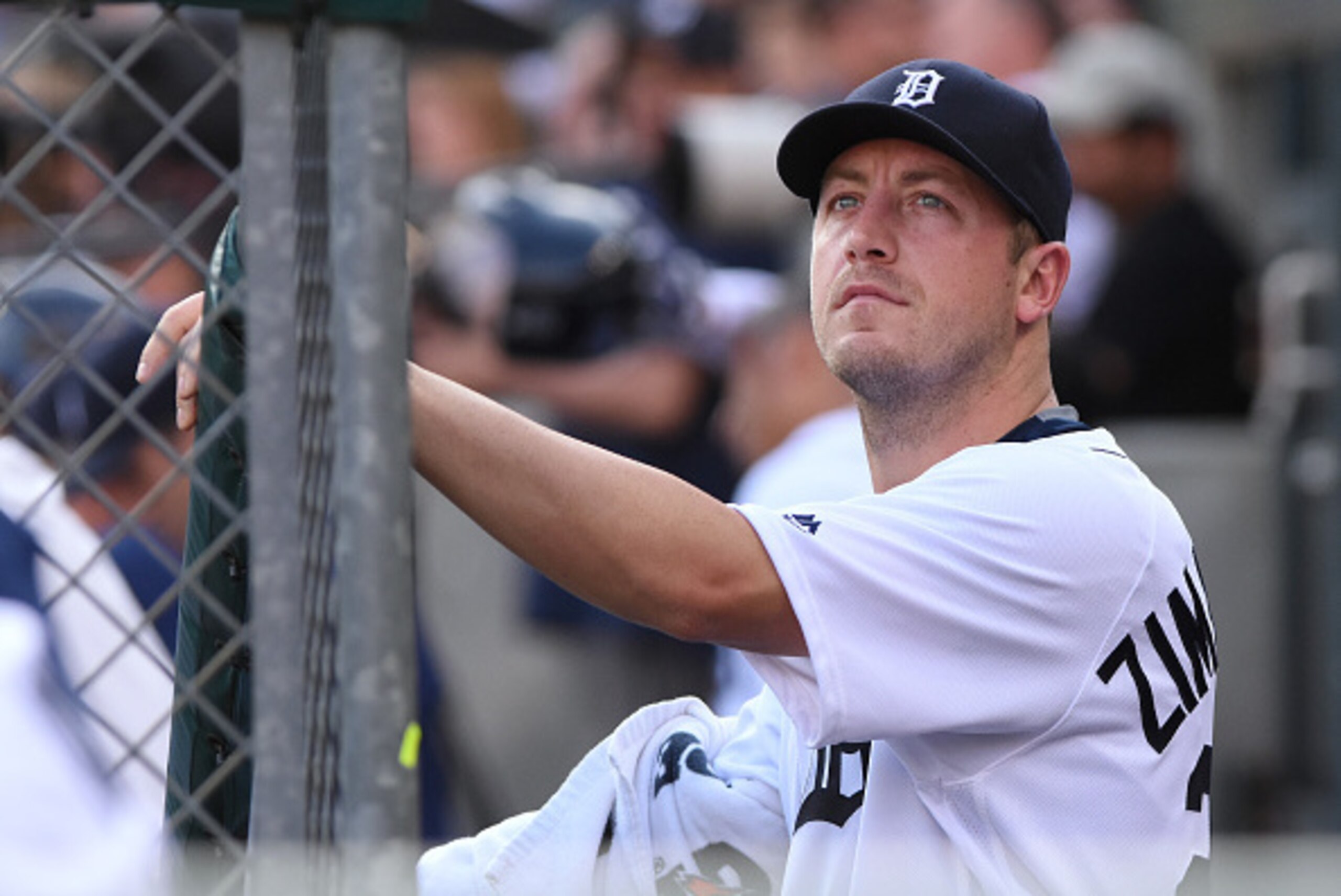DETROIT, MICHIGAN - JUNE 03:  Jordan Zimmermann #27 of the Detroit Tigers looks on from the dugout during the game against the Chicago White Sox at Comerica Park on June 3, 2016 in Detroit, Michigan. The Tigers defeated the White Sox 10-3.  (Photo by Mark