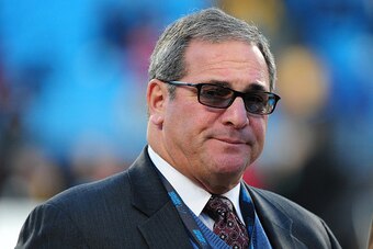 CHARLOTTE, NC - JANUARY 24: General Manager Dave Gettleman of the Carolina Panthers watches warms up before the NFC Championship Game against the Arizona Cardinals at Bank Of America Stadium on January 24, 2016 in Charlotte, North Carolina. (Photo by Scot