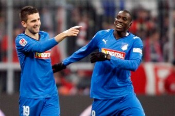 Vedad Ibisevic and Demba Ba celebrate the former's goal at the Allianz Arena in December 2008