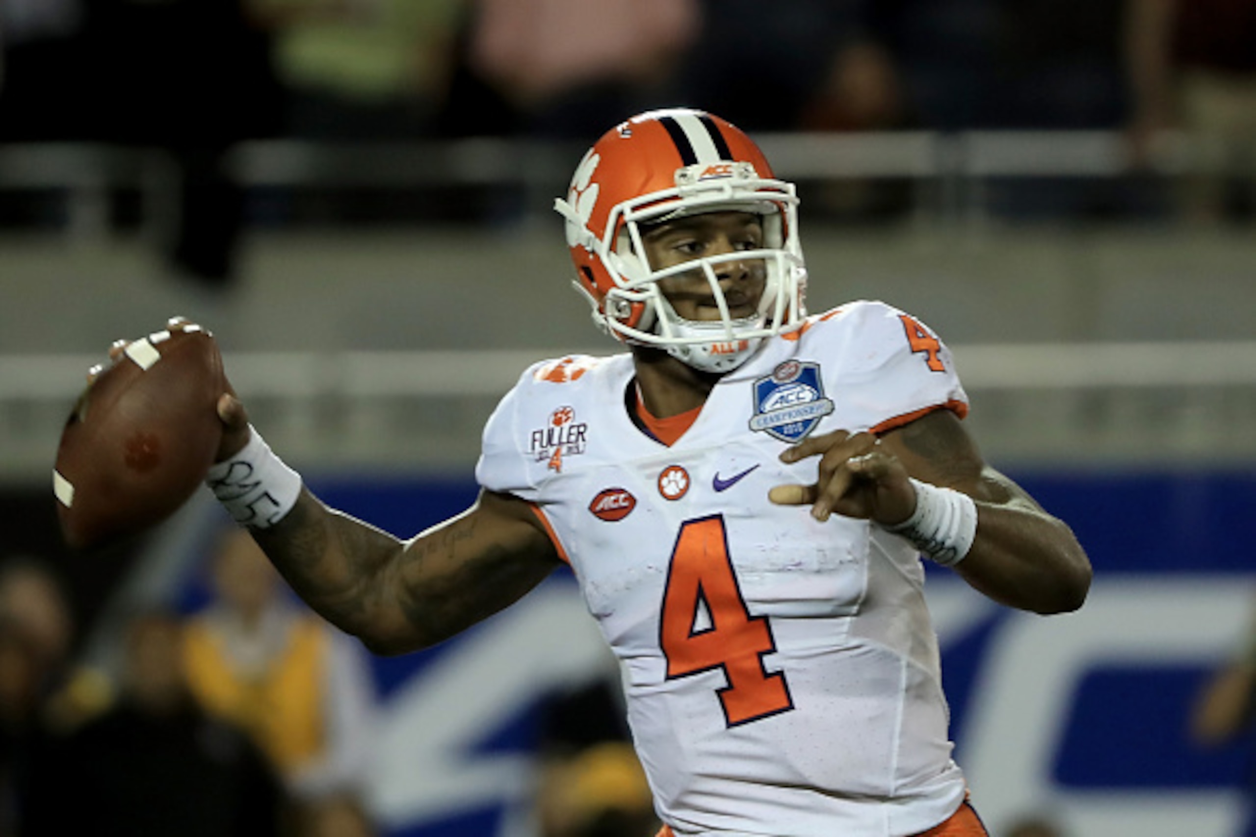ORLANDO, FL - DECEMBER 03: Deshaun Watson #4 of the Clemson Tigers attempts a pass during the ACC Championship game against the Virginia Tech Hokies on December 3, 2016 in Orlando, Florida. (Photo by Sam Greenwood/Getty Images) ORLANDO, FL - DECEMBER 03: Deshaun Watson #4 of the Clemson Tigers attempts a pass during the ACC Championship game against the Virginia Tech Hokies on December 3, 2016 in Orlando, Florida. (Photo by Sam Greenwood/Getty Images)