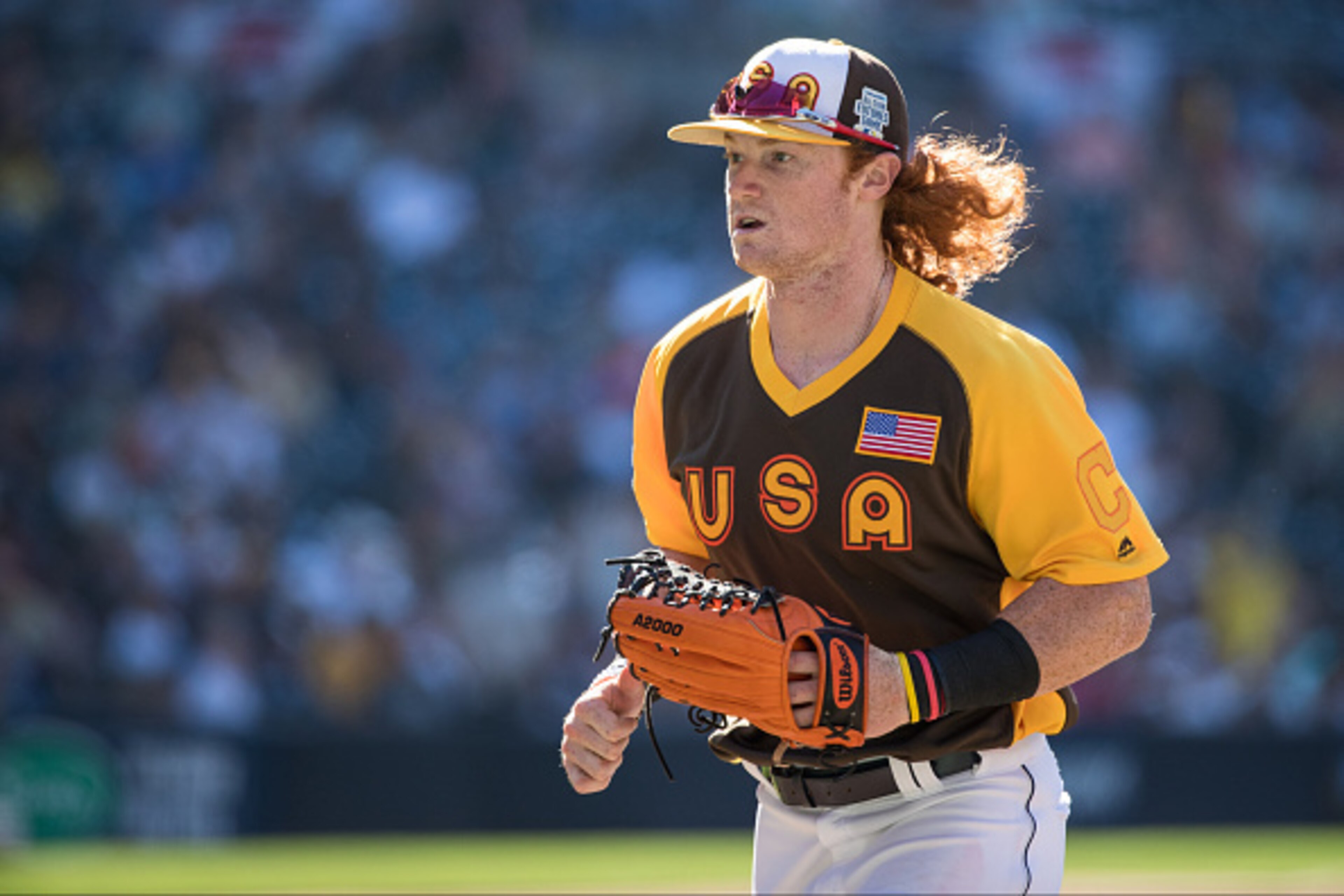 SAN DIEGO, CA - JULY 10: Clint Frazier #4 of the Cleveland Indians and Team USA looks on during the SiriusXM All-Star Futures Game Petco Park on Tuesday, July 10, 2016 in San Diego, California. (Photo by Brace Hemmelgarn/Minnesota Twins/Getty Images)