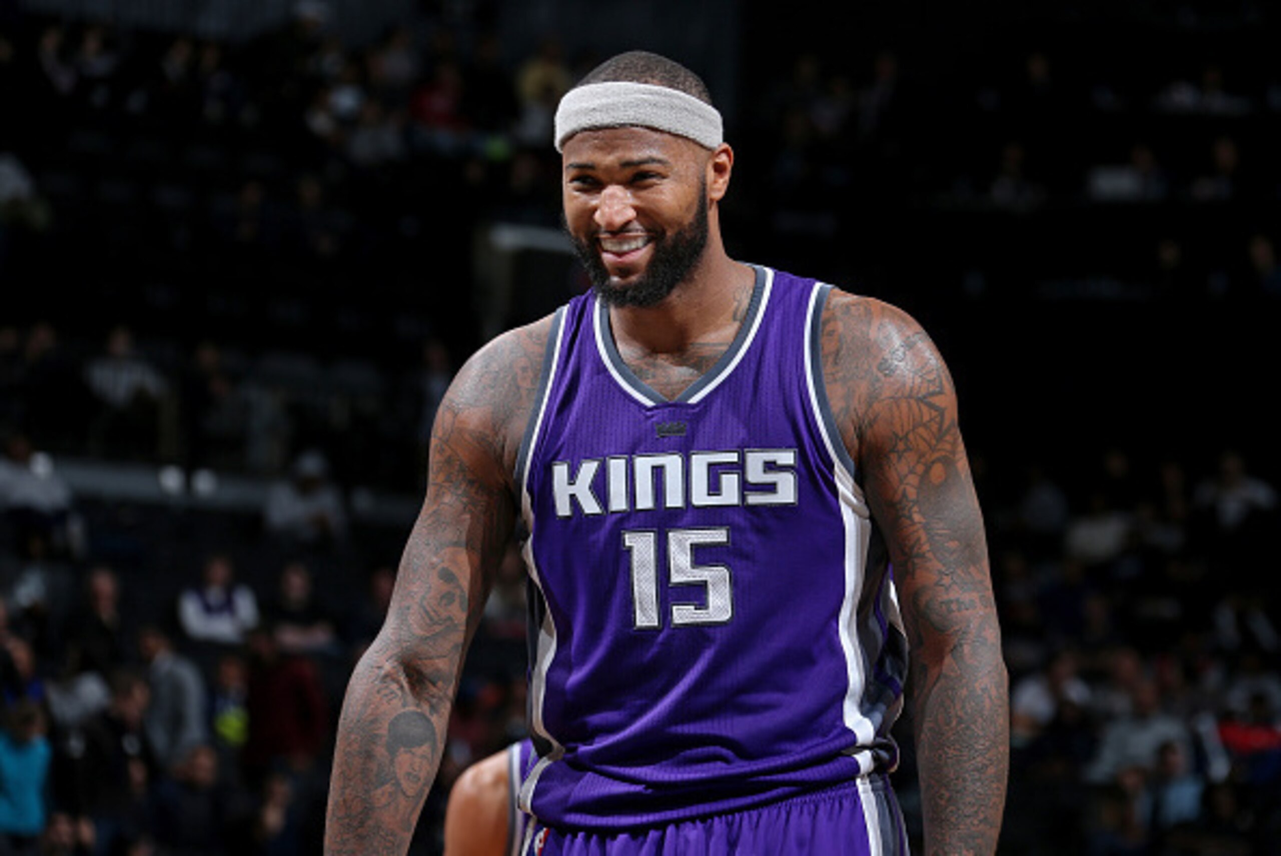 BROOKLYN, NY - NOVEMBER 27:  A close up shot of DeMarcus Cousins #15 of the Sacramento Kings smiling during the game against the Brooklyn Nets on November 27, 2016 at Barclays Center in Brooklyn, NY. NOTE TO USER: User expressly acknowledges and agrees th