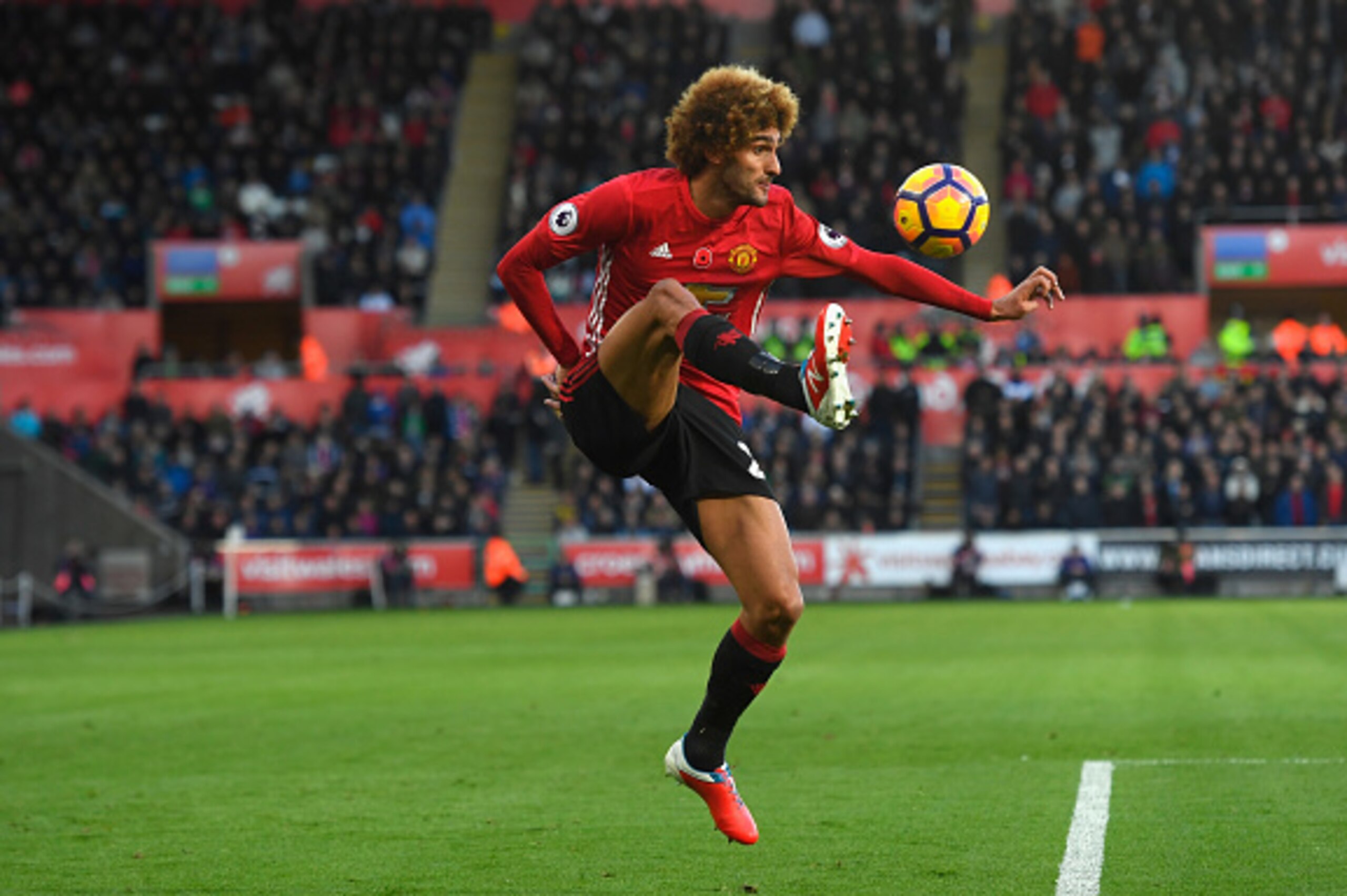SWANSEA, WALES - NOVEMBER 06:  Manchester United player Marouane Fellaini in action during the Premier League match between Swansea City and Manchester United at Liberty Stadium on November 6, 2016 in Swansea, Wales.  (Photo by Stu Forster/Getty Images)