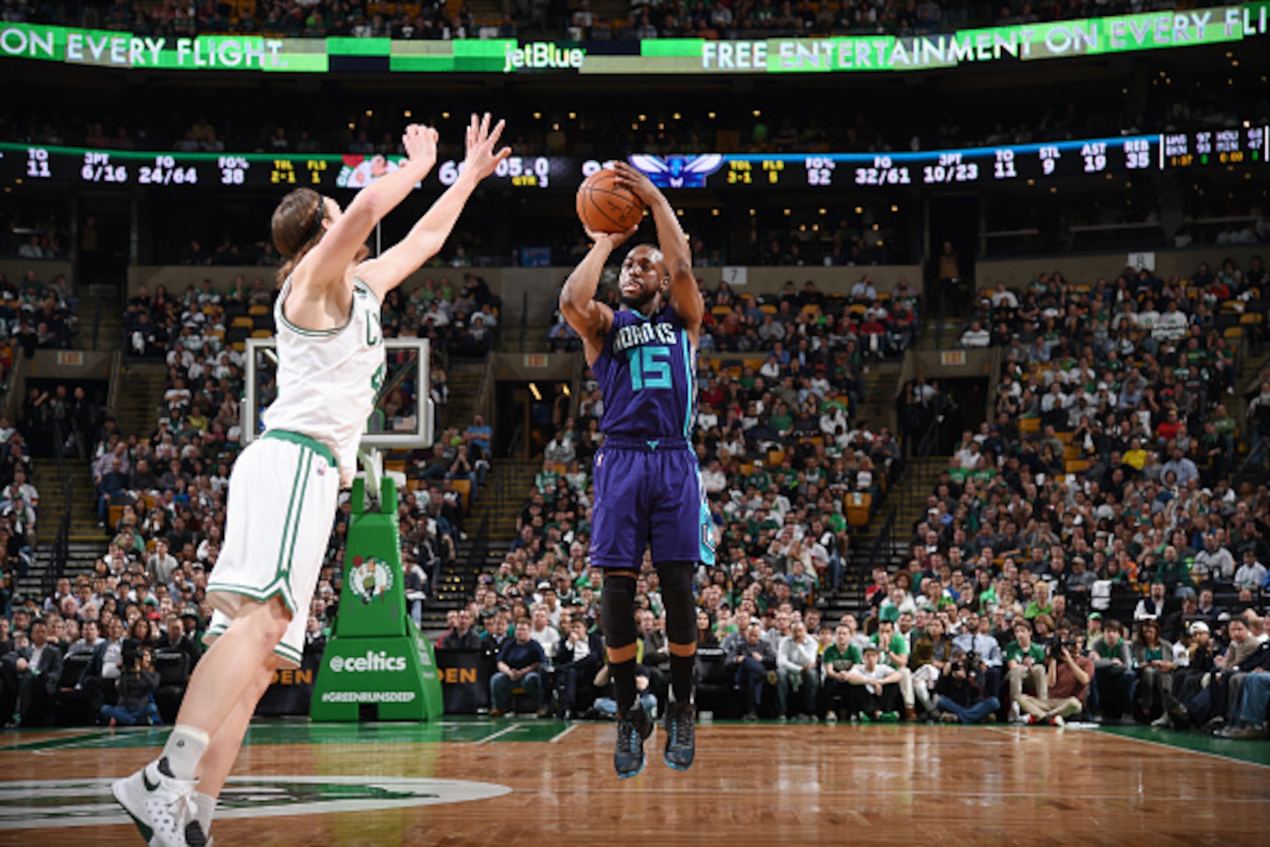 BOSTON, MA - APRIL 11:  Kemba Walker #15 of the Charlotte Hornets shoots the ball against the Boston Celtics on April 11, 2016 at the TD Garden in Boston, Massachusetts.  NOTE TO USER: User expressly acknowledges and agrees that, by downloading and or usi