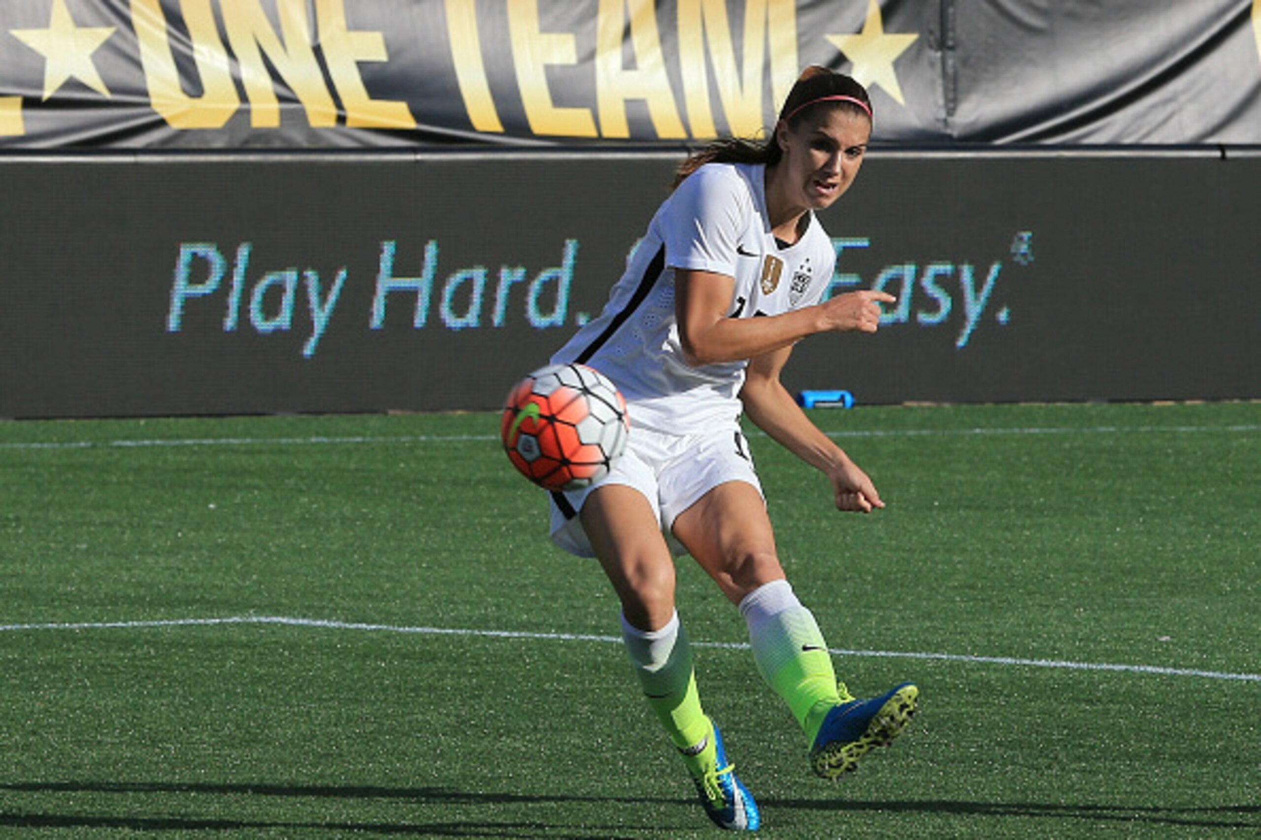 ORLANDO, FL - OCTOBER 25:  Alex Morgan #13 of the United States attempts a shot on goal during a Women's International Friendly soccer match between Brazil and the United States at Orlando Citrus Bowl on October 25, 2015 in Orlando, Florida.  (Photo by Sa