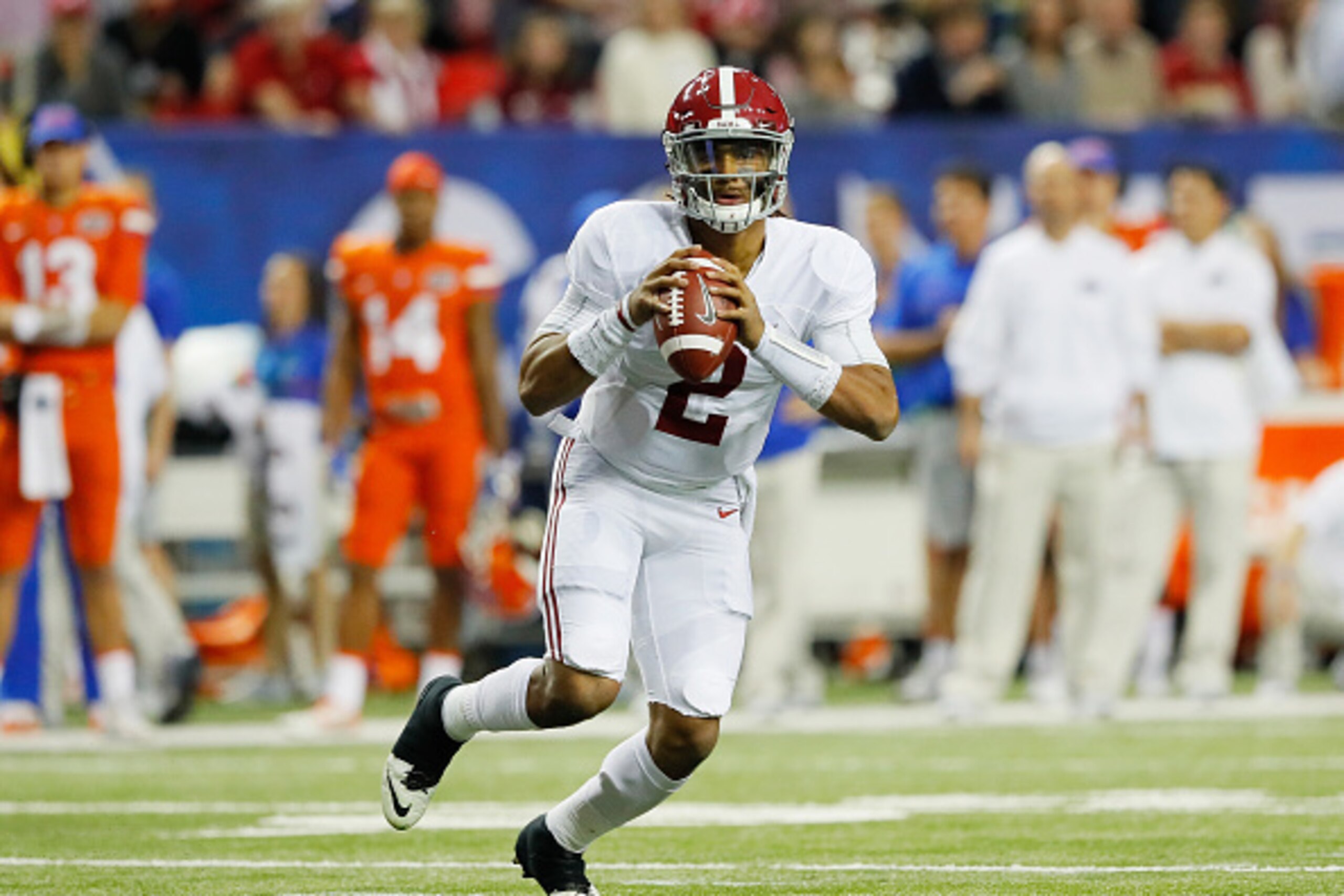 ATLANTA, GA - DECEMBER 03: Jalen Hurts #2 of the Alabama Crimson Tide looks to pass in the first quarter against the Florida Gators during the SEC Championship game at the Georgia Dome on December 3, 2016 in Atlanta, Georgia. (Photo by Kevin C. Cox/Gett ATLANTA, GA - DECEMBER 03: Jalen Hurts #2 of the Alabama Crimson Tide looks to pass in the first quarter against the Florida Gators during the SEC Championship game at the Georgia Dome on December 3, 2016 in Atlanta, Georgia. (Photo by Kevin C. Cox/Gett