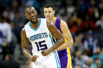 CHARLOTTE, NC - DECEMBER 20:  Kemba Walker #15 of the Charlotte Hornets reacts after making a shot against the Los Angeles Lakers during their game at Spectrum Center on December 20, 2016 in Charlotte, North Carolina. NOTE TO USER: User expressly acknowle