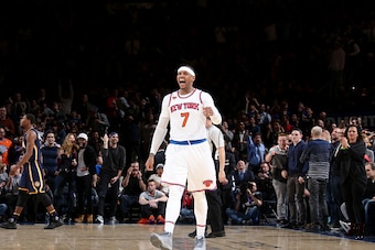 NEW YORK, NY - DECEMBER 20:  Carmelo Anthony #7 of the New York Knicks celebrates during a game against the Indiana Pacers on December 20, 2016 at Madison Square Garden in New York City, New York. NOTE TO USER: User expressly acknowledges and agrees that,