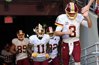GLENDALE, AZ - DECEMBER 04:  Kirk Cousins #8, DeSean Jackson #11, Derek Carrier #89 and Robert Kelley #32 of the Washington Redskins run onto the field prior to a game against the Arizona Cardinals at University of Phoenix Stadium on December 4, 2016 in G