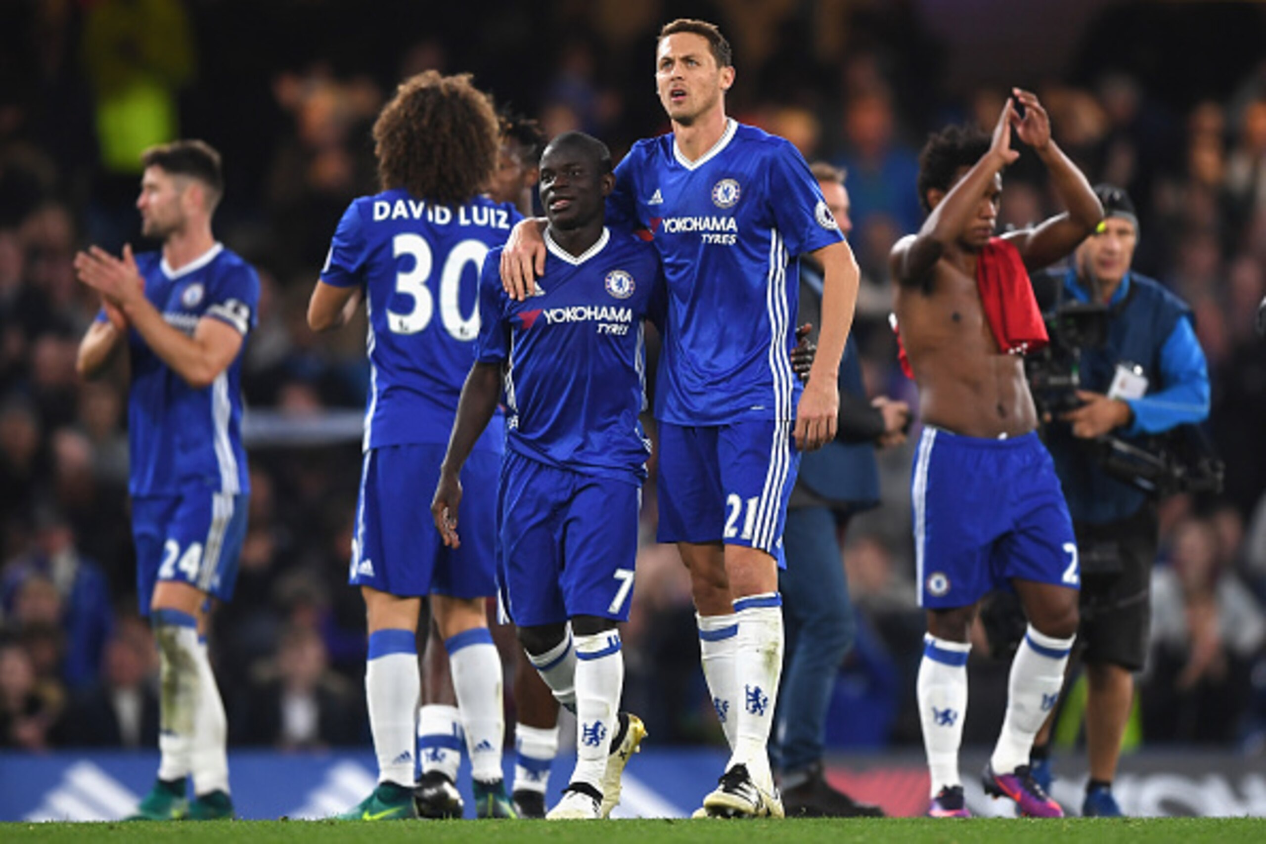 LONDON, ENGLAND - OCTOBER 23:  N'Golo Kante of Chelsea and Nemanja Matic of Chelsea react after the full time whistle during the Premier League match between Chelsea and Manchester United at Stamford Bridge on October 23, 2016 in London, England.  (Photo 