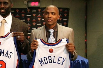 NEW YORK - NOVEMBER 22: Tim Thomas #2 and Cuttino Mobley #32, recently traded to the New York Knicks, pose during a press conference before the game against the Washington Wizards on November 22, 2008 at Madison Square Garden in New York City. NOTE TO USE