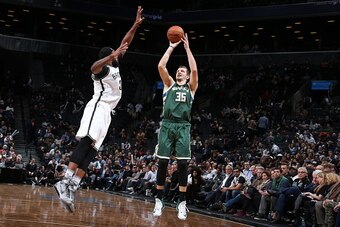 BROOKLYN, NY - DECEMBER 1: Mirza Teletovic #35 of the Milwaukee Bucks shoots the ball against the Brooklyn Nets on December 1, 2016 at Barclays Center in Brooklyn, New York. NOTE TO USER: User expressly acknowledges and agrees that, by downloading and or 