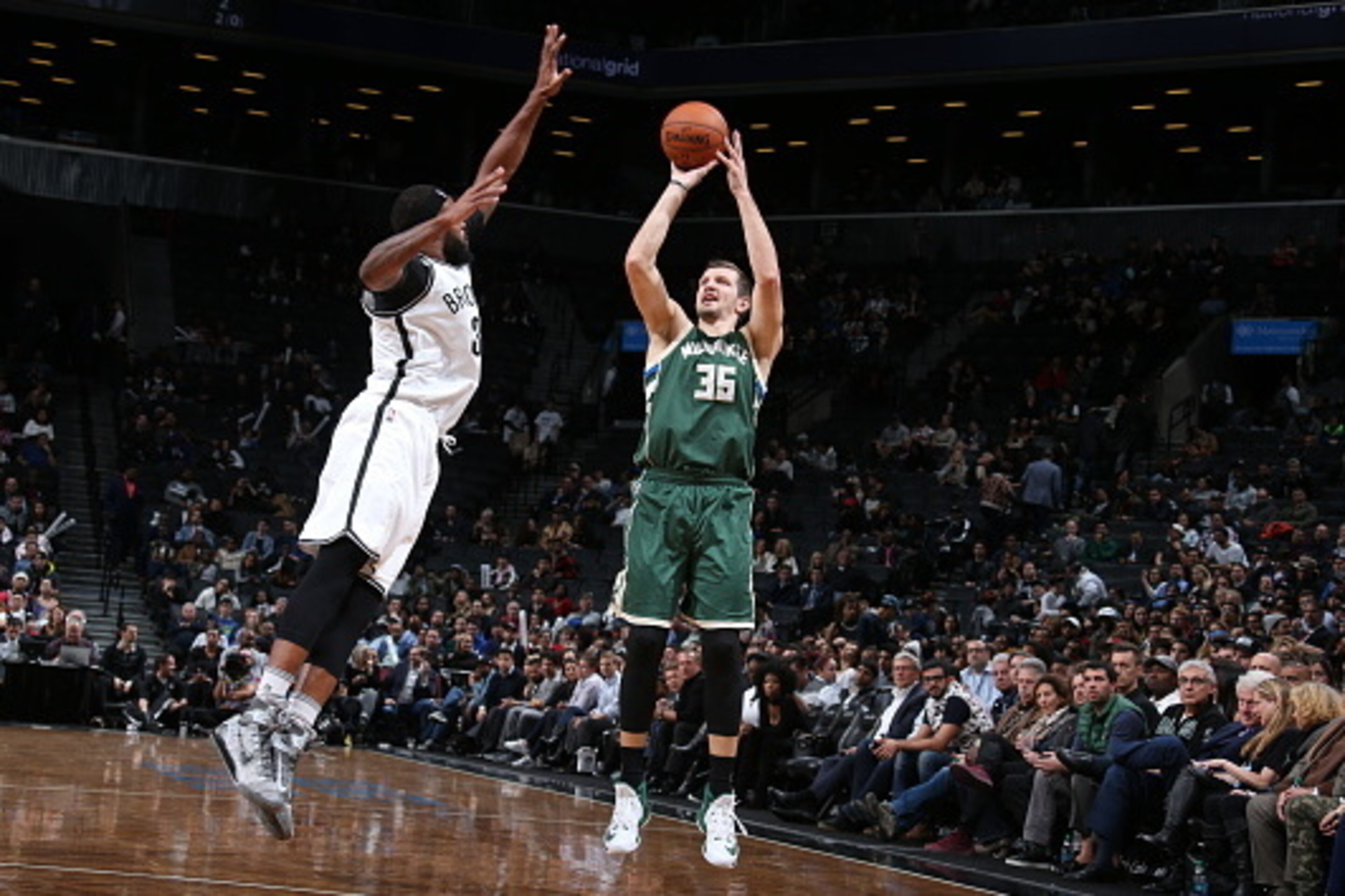 BROOKLYN, NY - DECEMBER 1: Mirza Teletovic #35 of the Milwaukee Bucks shoots the ball against the Brooklyn Nets on December 1, 2016 at Barclays Center in Brooklyn, New York. NOTE TO USER: User expressly acknowledges and agrees that, by downloading and or BROOKLYN, NY - DECEMBER 1: Mirza Teletovic #35 of the Milwaukee Bucks shoots the ball against the Brooklyn Nets on December 1, 2016 at Barclays Center in Brooklyn, New York. NOTE TO USER: User expressly acknowledges and agrees that, by downloading and or