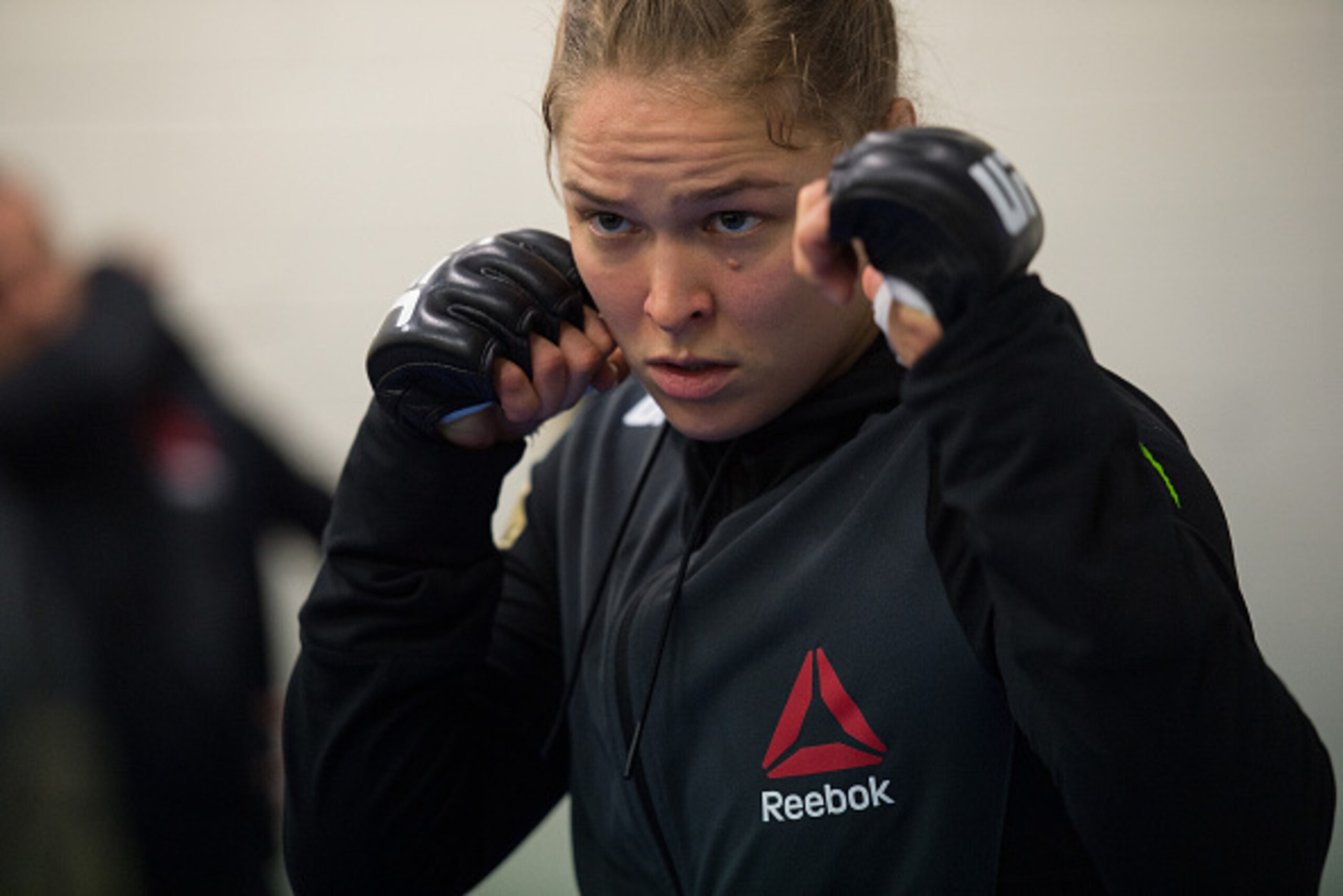 MELBOURNE, AUSTRALIA - NOVEMBER 15:  UFC women's bantamweight champion Ronda Rousey of the United States warms up before facing Holly Holm of the United States during the UFC 193 event at Etihad Stadium on November 15, 2015 in Melbourne, Australia.  (Phot
