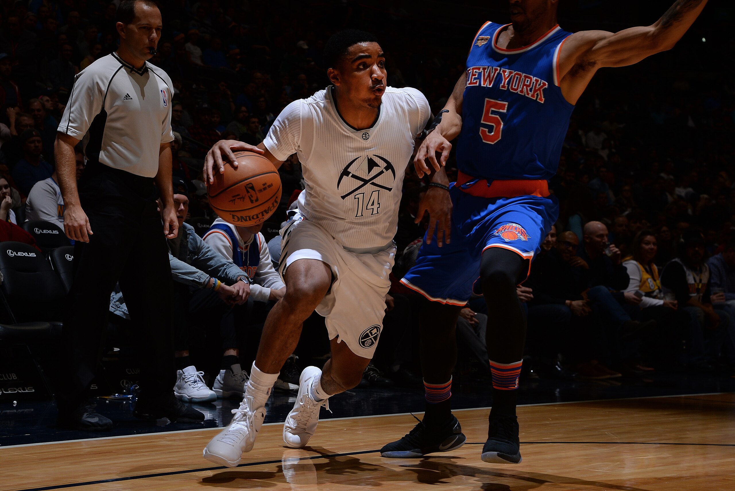 DENVER, CO - DECEMBER 17: Gary Harris #14 of the Denver Nuggets drives to the basket against the New York Knicks on December 17, 2016 at the Pepsi Center in Denver, Colorado. NOTE TO USER: User expressly acknowledges and agrees that, by downloading and/or