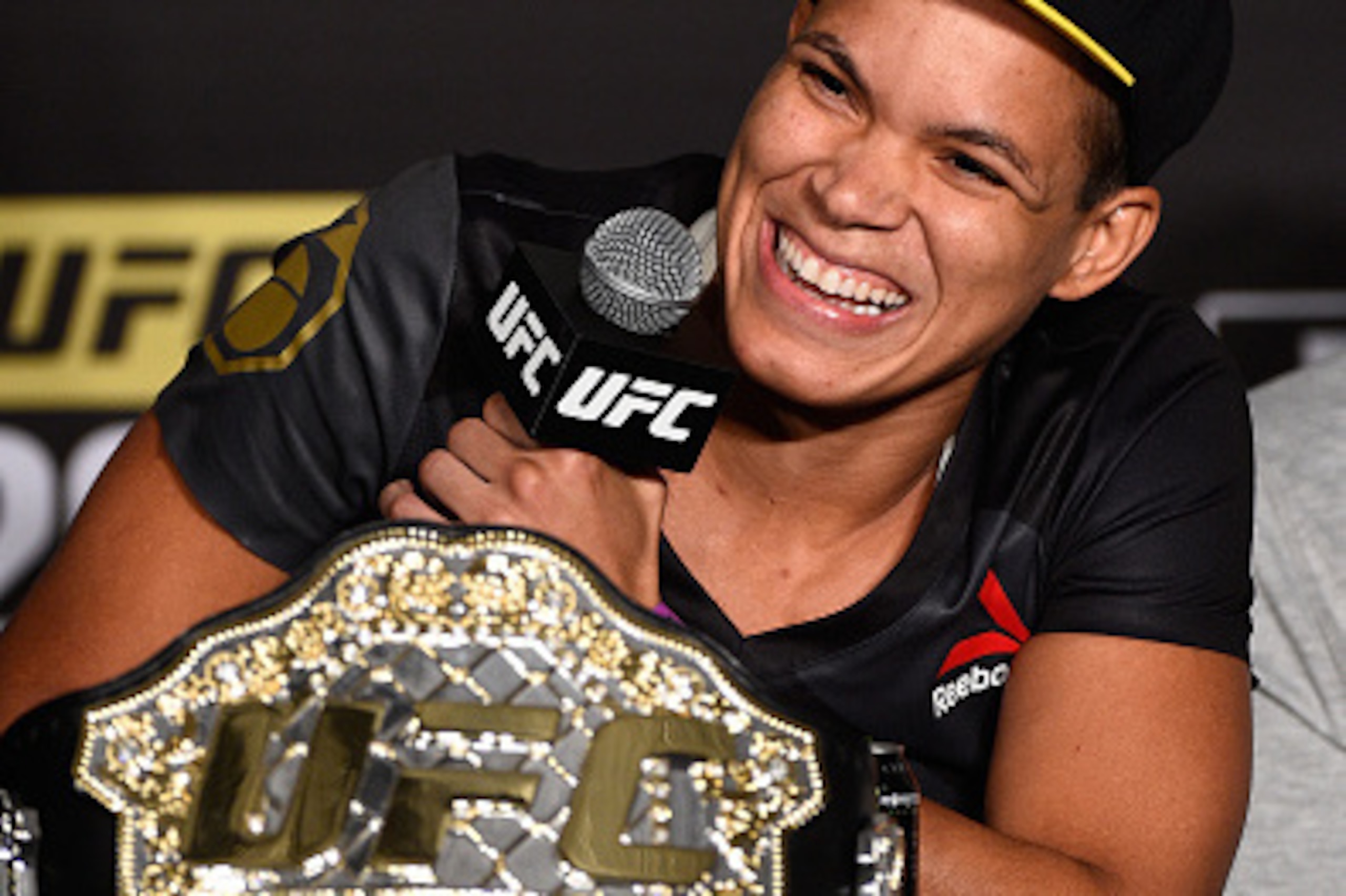 LAS VEGAS, NV - JULY 09:  UFC women's bantamweight champion Amanda Nunes of Brazil speaks to the media during the UFC 200 post-fight press conference at T-Mobile Arena on July 9, 2016 in Las Vegas, Nevada.  (Photo by Jeff Bottari/Zuffa LLC/Zuffa LLC via G