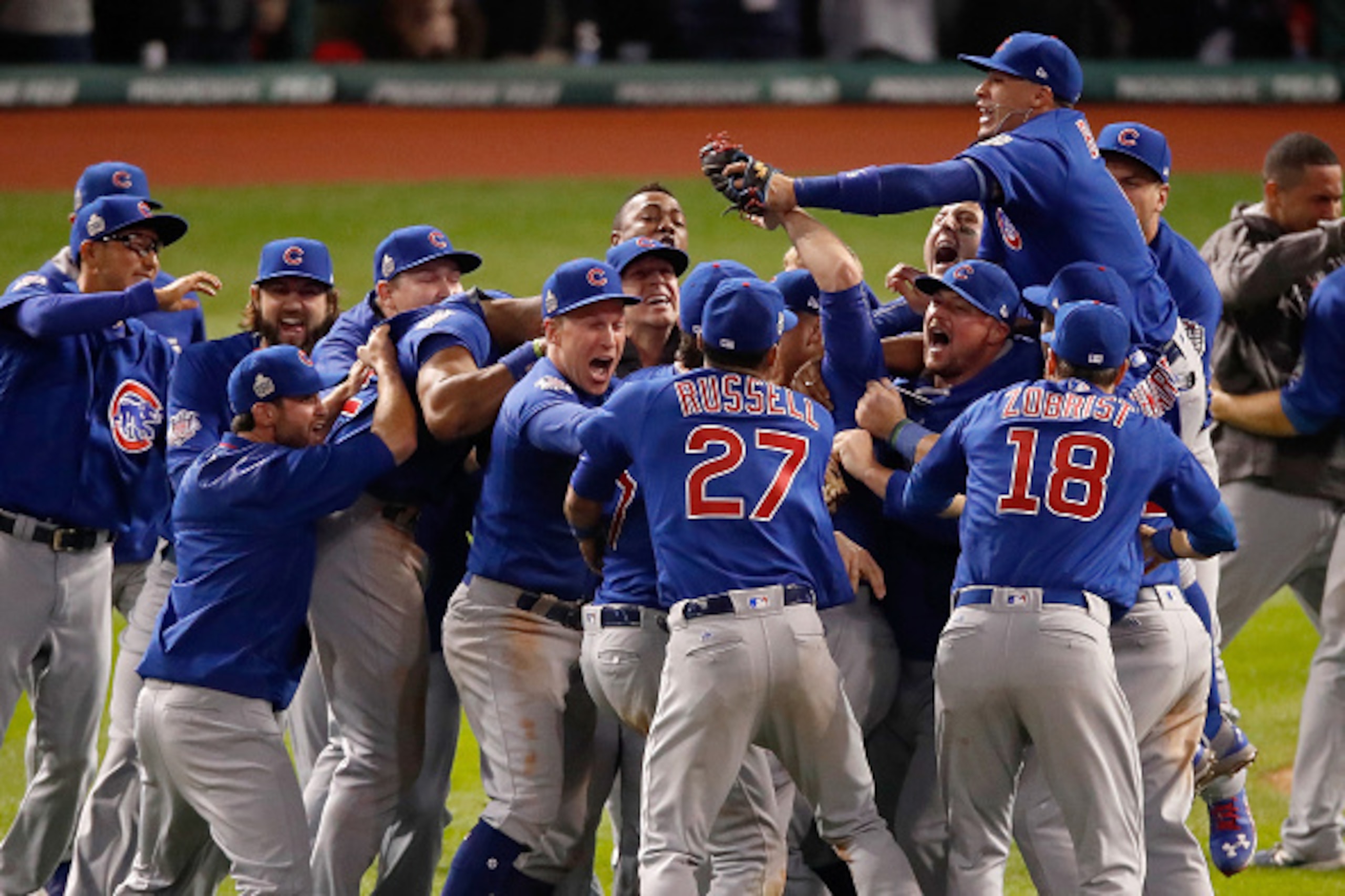 CLEVELAND, OH - NOVEMBER 02:  The Chicago Cubs celebrate after defeating the Cleveland Indians 8-7 in Game Seven of the 2016 World Series at Progressive Field on November 2, 2016 in Cleveland, Ohio. The Cubs win their first World Series in 108 years.  (Ph