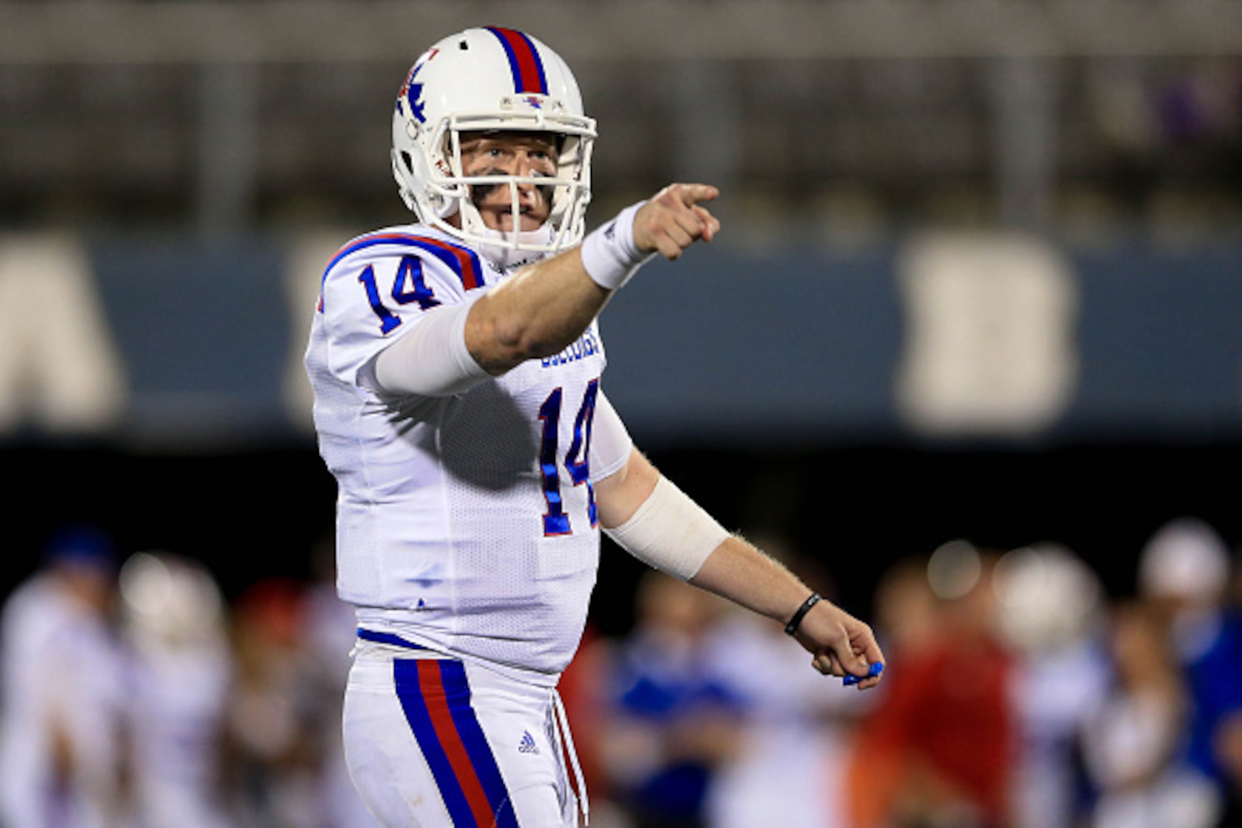 MIAMI, FL - OCTOBER 22: Ryan Higgins #14 of the Louisiana Tech Bulldogs gestures during the game against the FIU Panthers at FIU Stadium on October 22, 2016 in Miami, Florida. (Photo by Rob Foldy/Getty Images) MIAMI, FL - OCTOBER 22: Ryan Higgins #14 of the Louisiana Tech Bulldogs gestures during the game against the FIU Panthers at FIU Stadium on October 22, 2016 in Miami, Florida. (Photo by Rob Foldy/Getty Images)