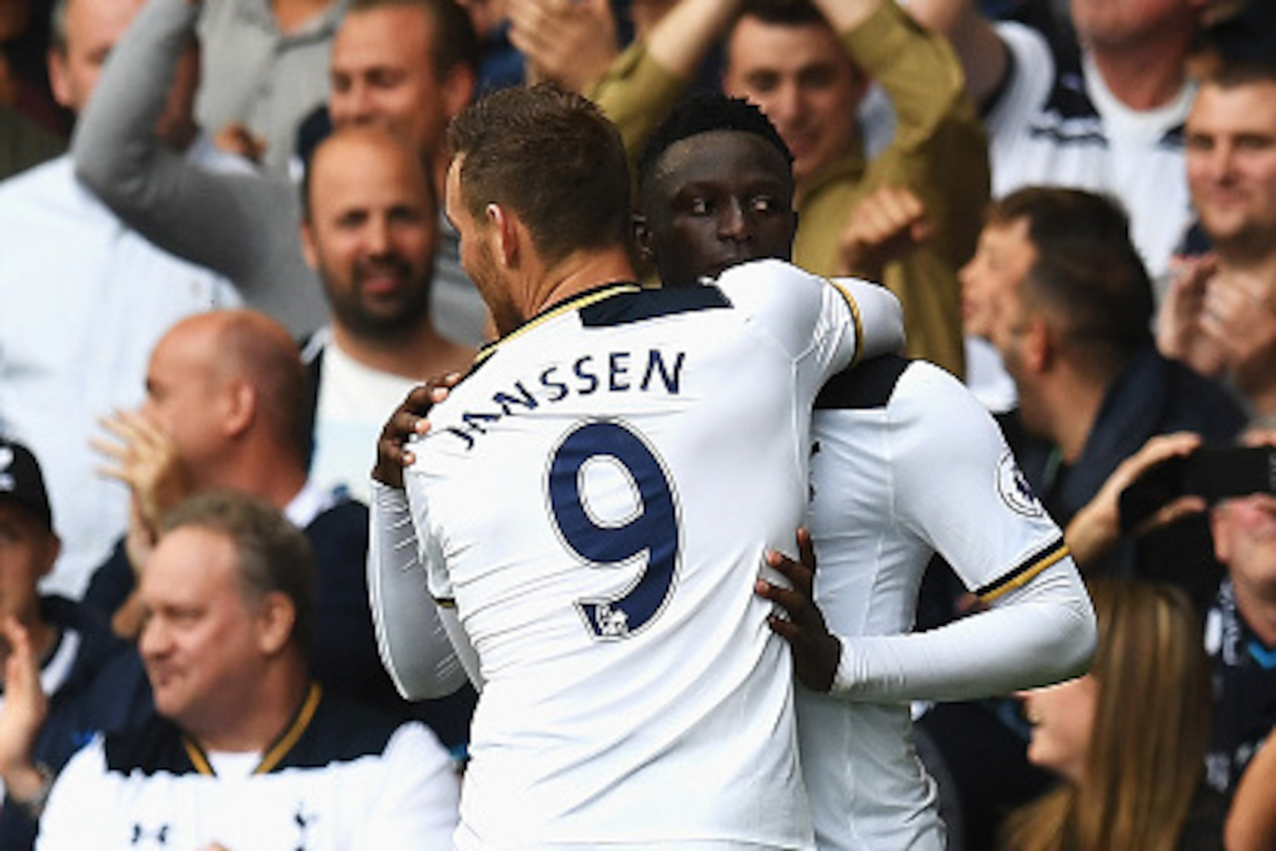 LONDON, ENGLAND - AUGUST 20: Victor Wanyama of Tottenham Hotspur celebrates scoring his sides first goal with team mate Vincent Janssen of Tottenham Hotspur during the Premier League match between Tottenham Hotspur and Crystal Palace at White Hart Lane on