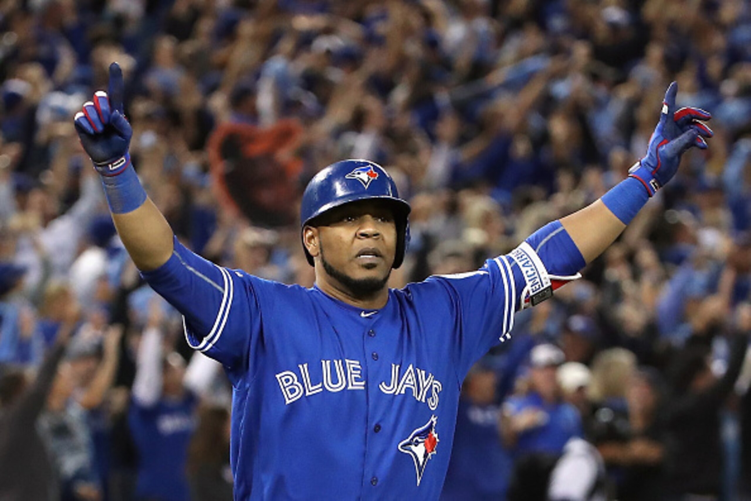 TORONTO, ON - OCTOBER 04:  Edwin Encarnacion #10 of the Toronto Blue Jays reacts after hitting a three-run walk-off home run in the eleventh inning to defeat the Baltimore Orioles 5-2 in the American League Wild Card game at Rogers Centre on October 4, 20