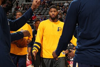 AUBURN HILLS, MI - DECEMBER 17: Paul George #13 of the Indiana Pacers is introduced before the game against the Detroit Pistons on December 17, 2016 at The Palace of Auburn Hills in Auburn Hills, Michigan. NOTE TO USER: User expressly acknowledges and agr