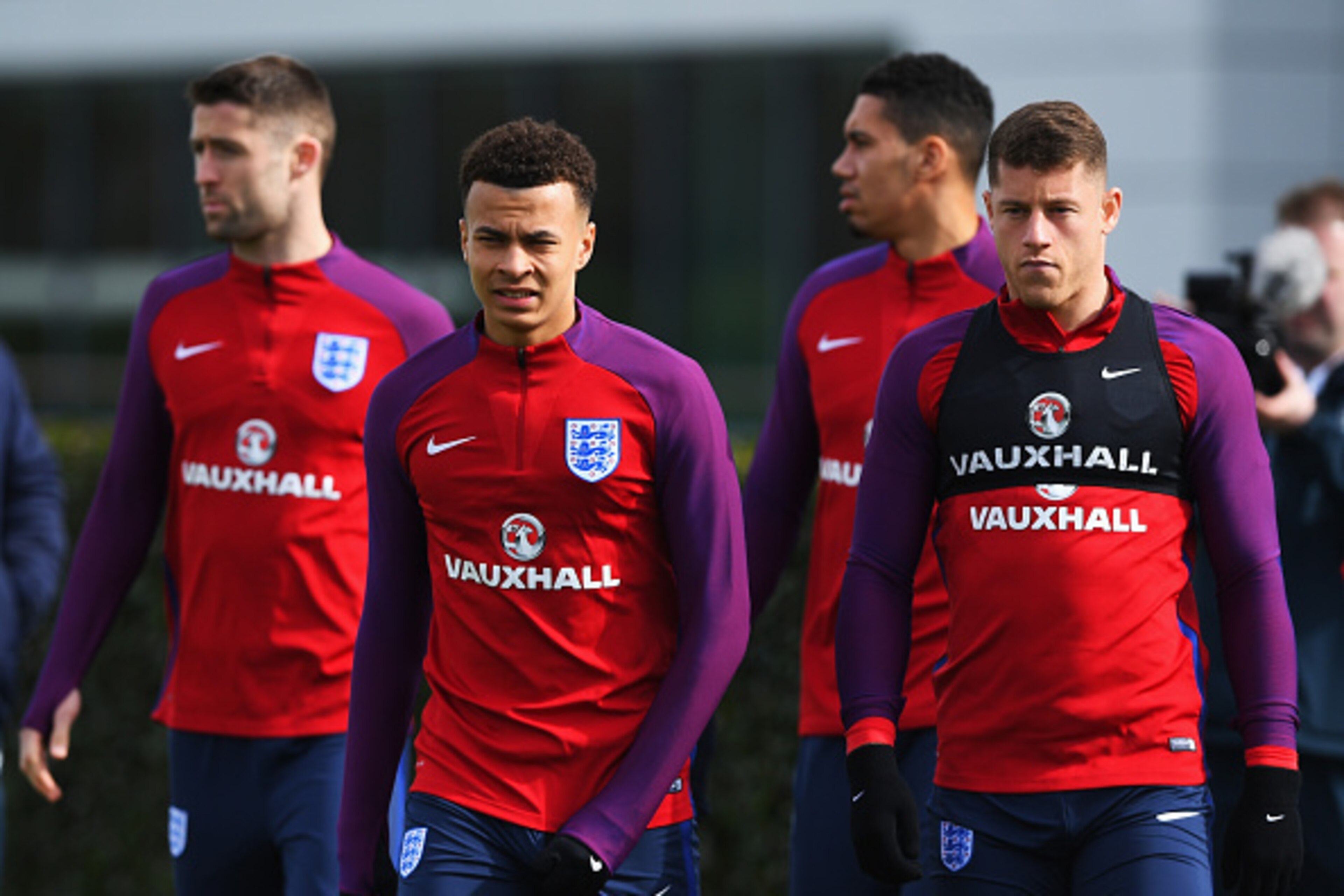 ENFIELD, ENGLAND - MARCH 28:  Dele Alli and Ross Barkley of England walk out for a training session prior to the International Friendly match against the Netherlands at the Tottenham Hotspur training centre on March 28, 2016 in Enfield, England.  (Photo b