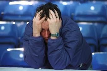 5 May 1996:  A distraught Manchester City fan shows his feelings as Manchester City can only manage a 2-2 draw with Liverpool at Maine Road. The result meant Manchester City were relegated from the Premier Division to Division One. Mandatory Credit: MarkT