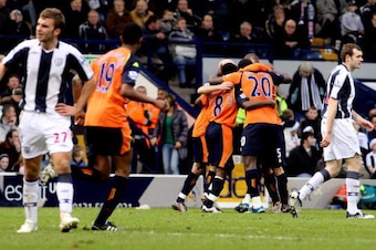 WEST BROMWICH, UNITED KINGDOM - DECEMBER 21: Manchester City celebrate after their goal during the Barclays Premier League match between West Bromwich Albion and  Manchester City at The Hawthorns on December 21, 2008 in West Bromwich, England.  (Photo by 