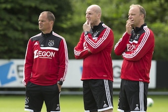 (L-R) Coach Frank de Boer, Assistant trainer Jaap Stam, Assistant trainer Dennis Bergkamp during a training session of Ajax on June 25, 2013 at Sportcomplex De Toekomst in Amsterdam, The Netherlands.(Photo by VI Images via Getty Images)