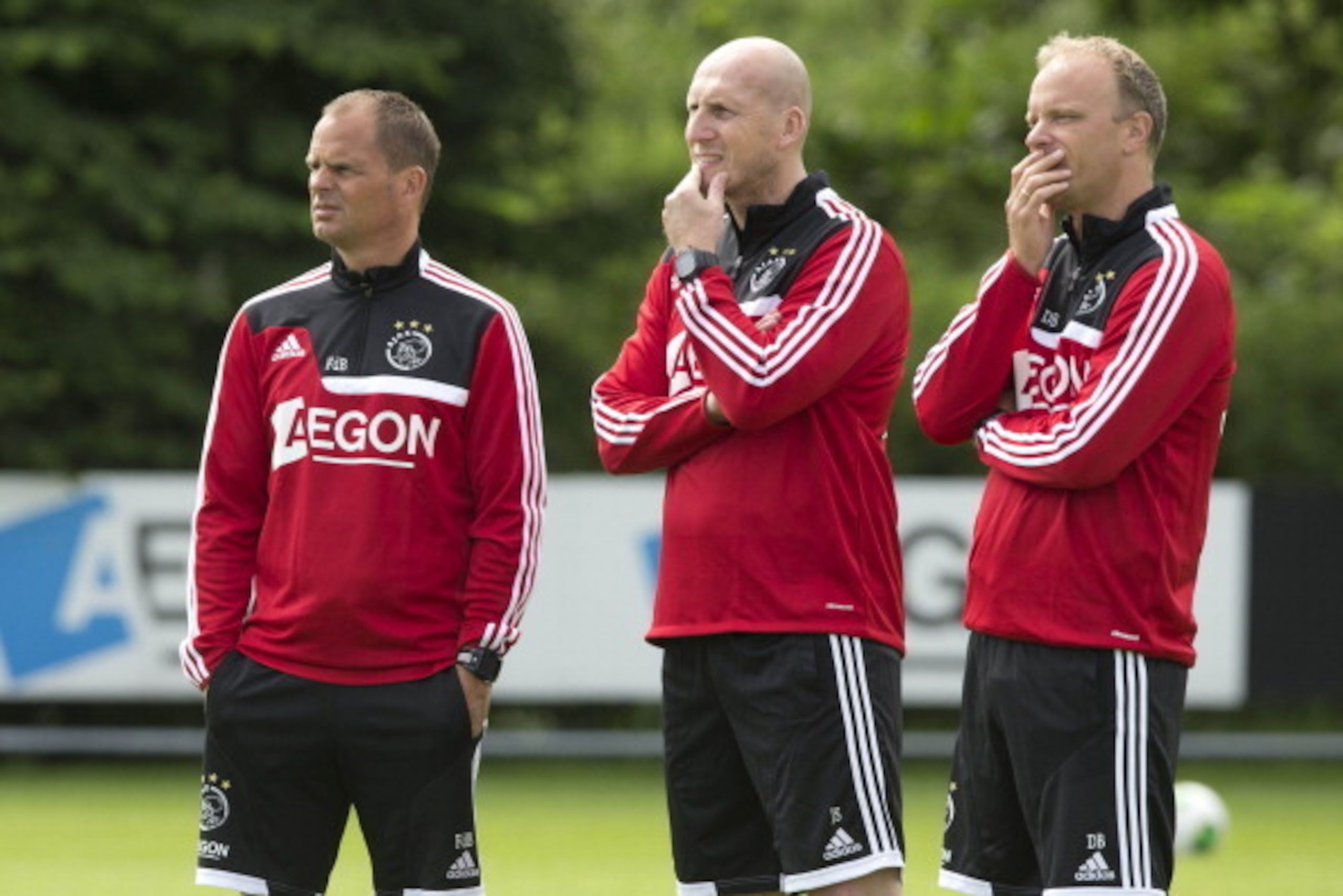 (L-R) Coach Frank de Boer, Assistant trainer Jaap Stam, Assistant trainer Dennis Bergkamp during a training session of Ajax on June 25, 2013 at Sportcomplex De Toekomst in Amsterdam, The Netherlands.(Photo by VI Images via Getty Images)